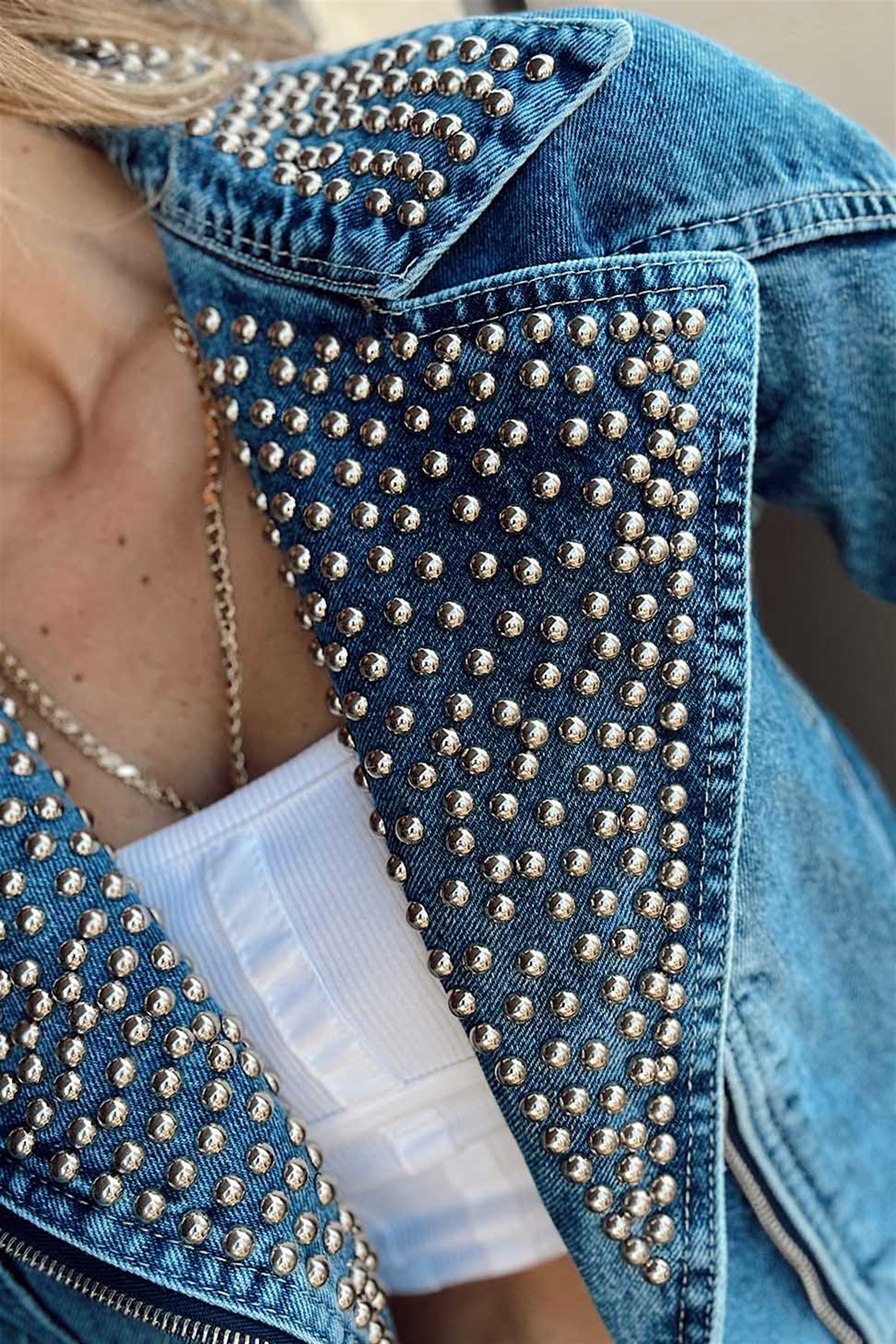 Mavi Biker Silver Zımba Detaylı Tasarım Penny Jean Ceket