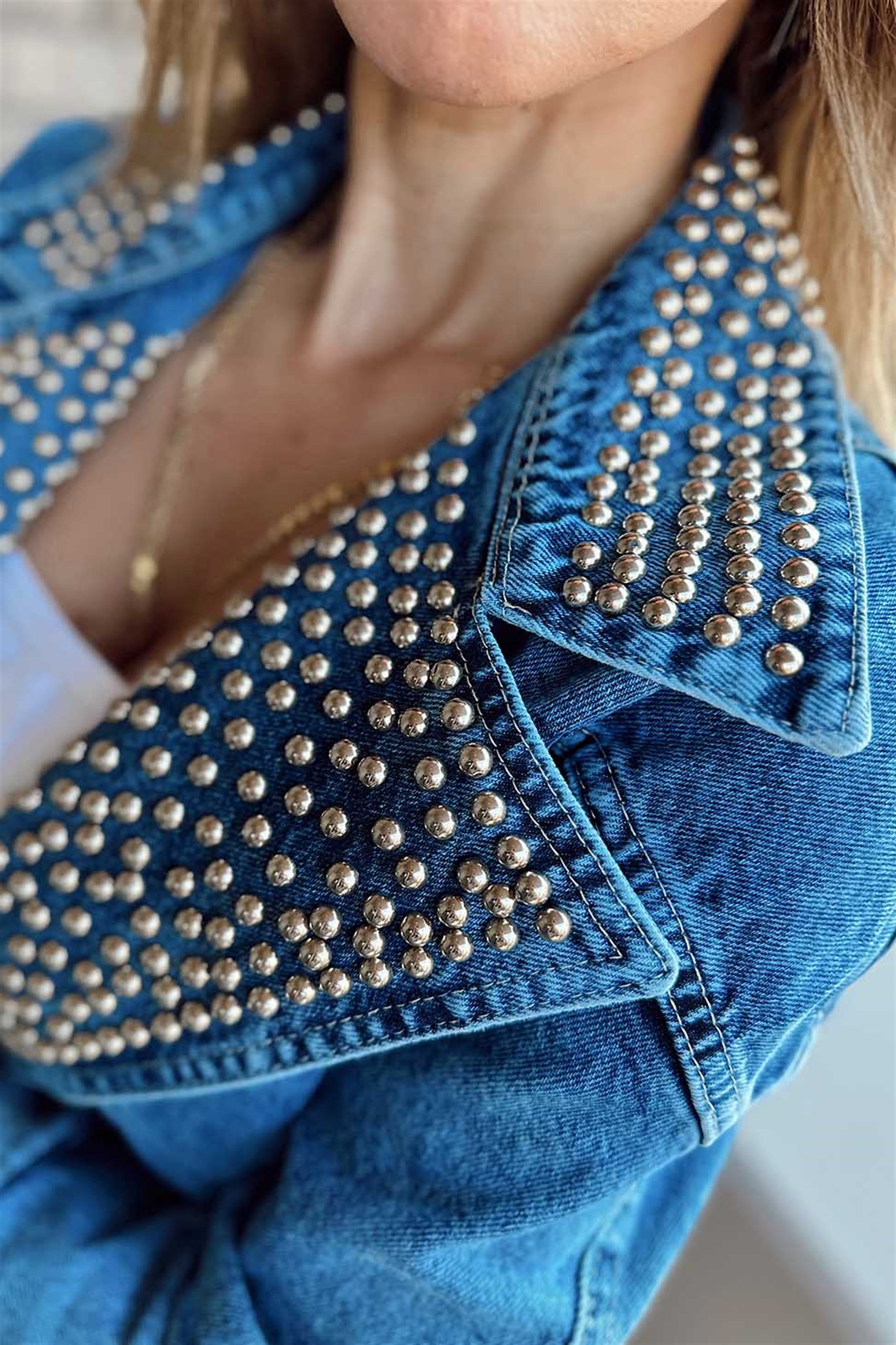 Mavi Biker Silver Zımba Detaylı Tasarım Penny Jean Ceket