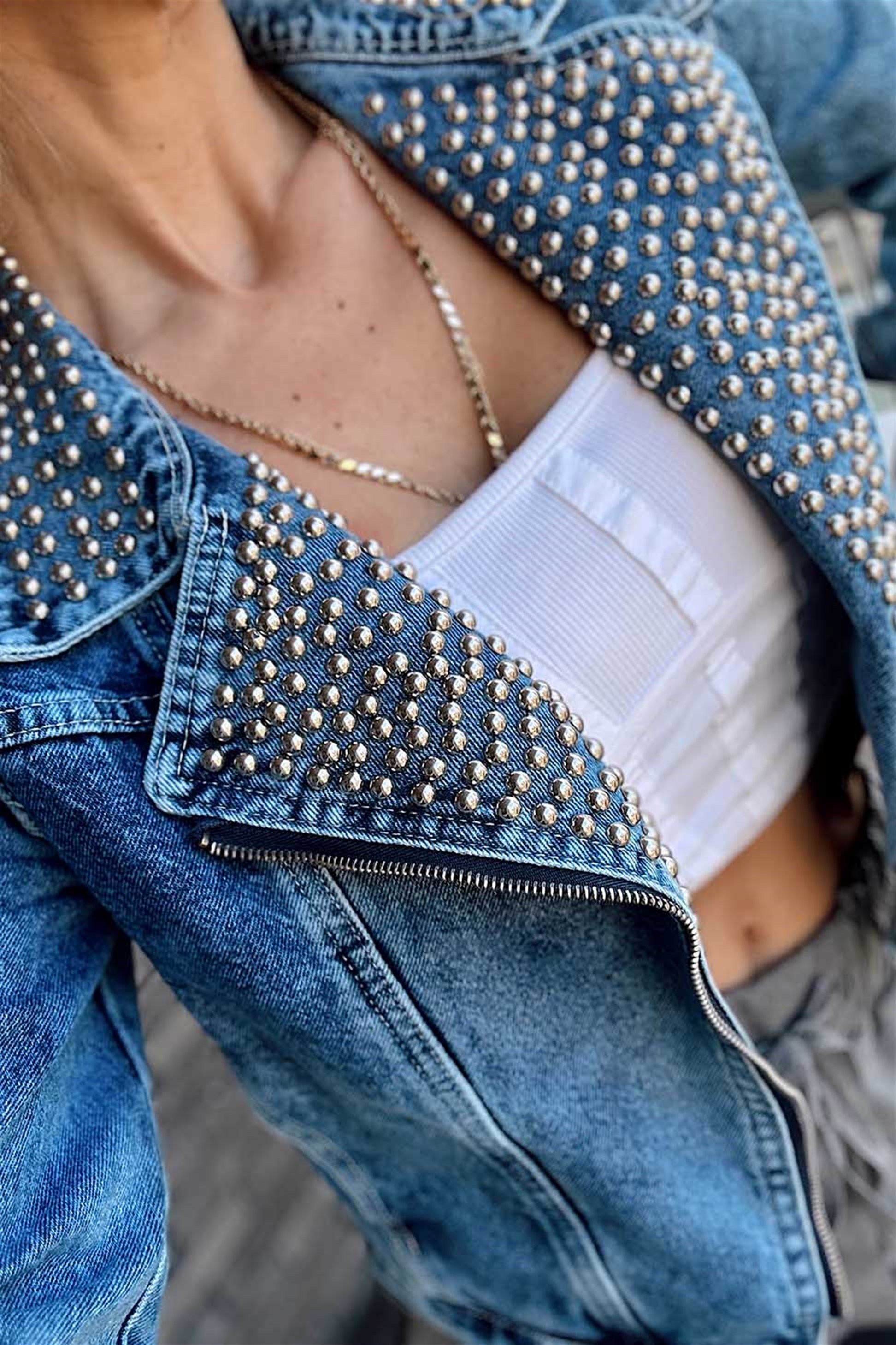 Mavi Biker Silver Zımba Detaylı Tasarım Penny Jean Ceket
