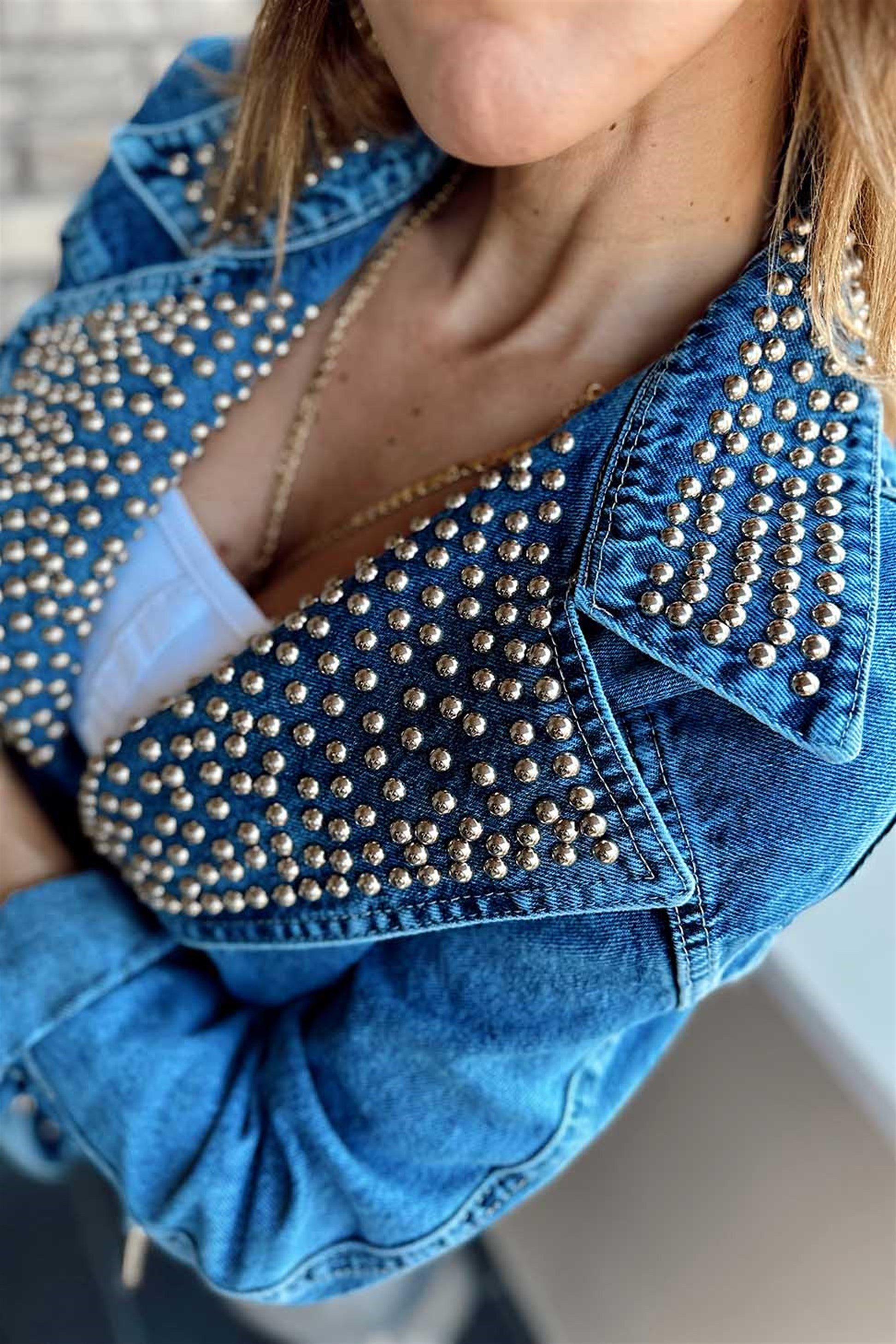 Mavi Biker Silver Zımba Detaylı Tasarım Penny Jean Ceket