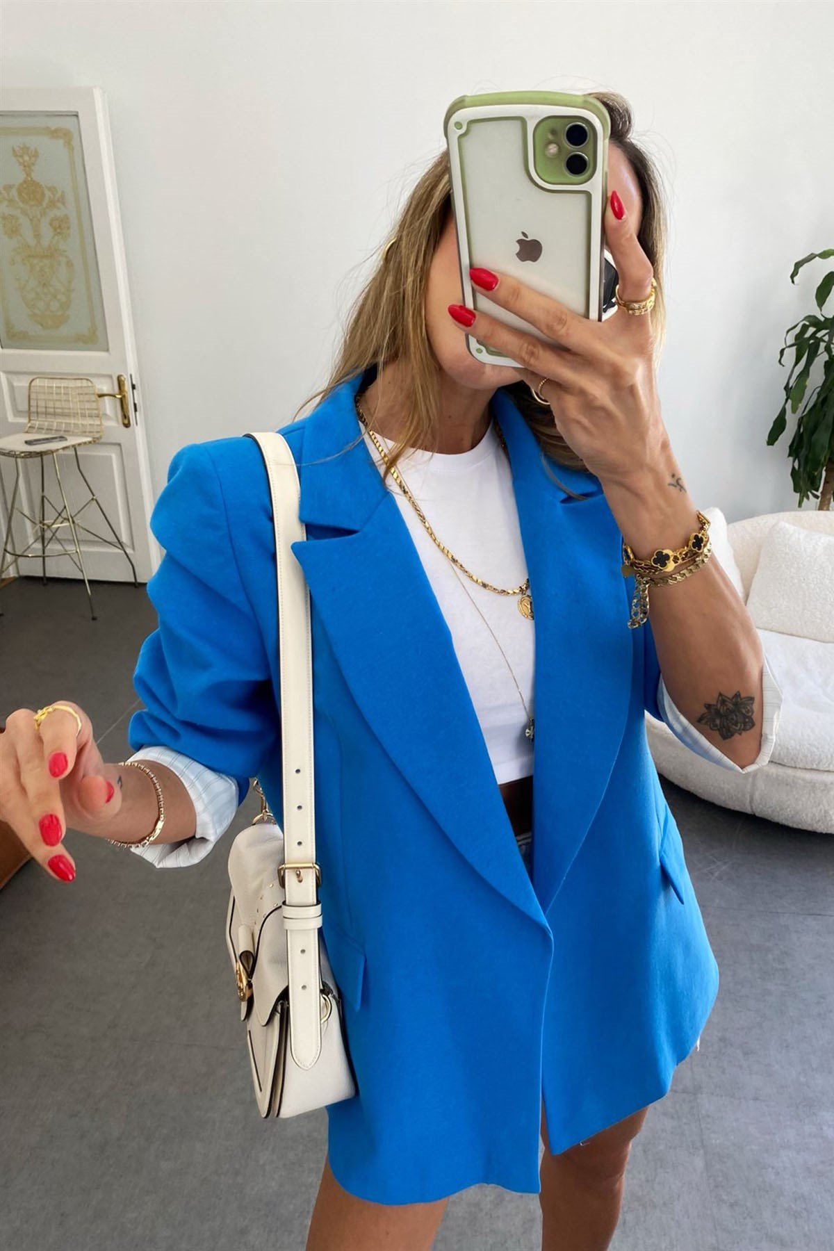 Mavi Tek Düğmeli Kolu Katlanabilir Tasarım Oversize Olea Ceket