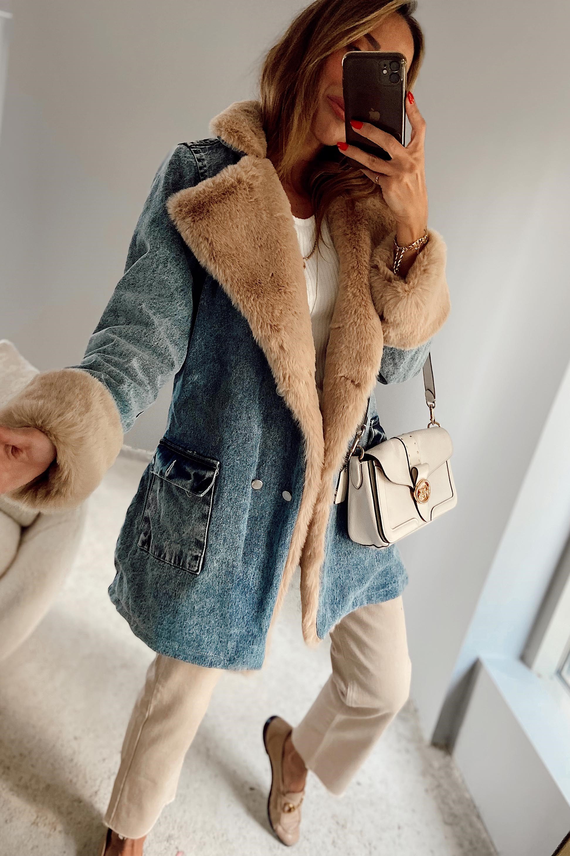 Mavi Uzun İçi Camel Kürk Detay Tasarım Jean Mont