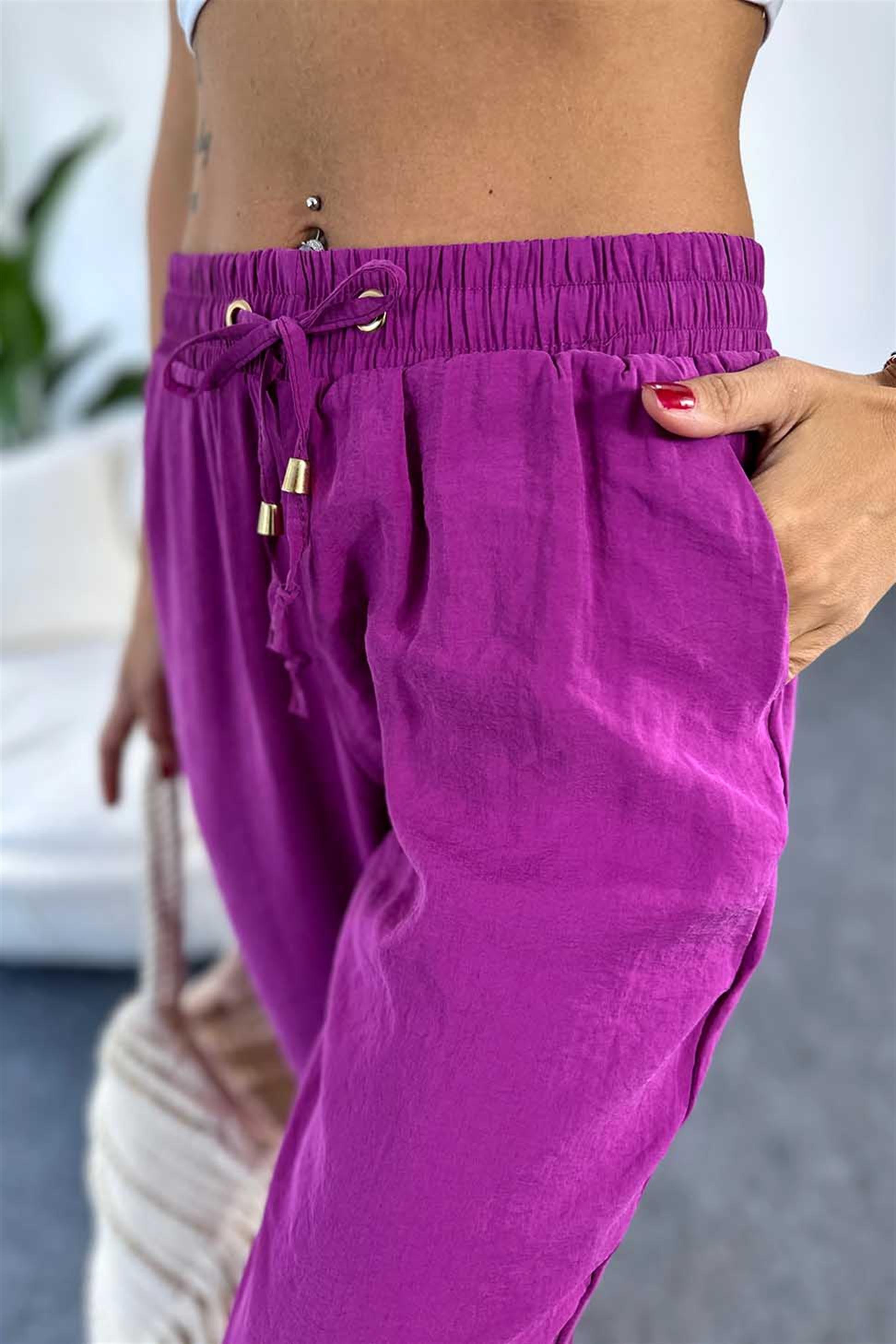 Modal Kumaş Beli Lastikli Salaş Pantolon Mor
