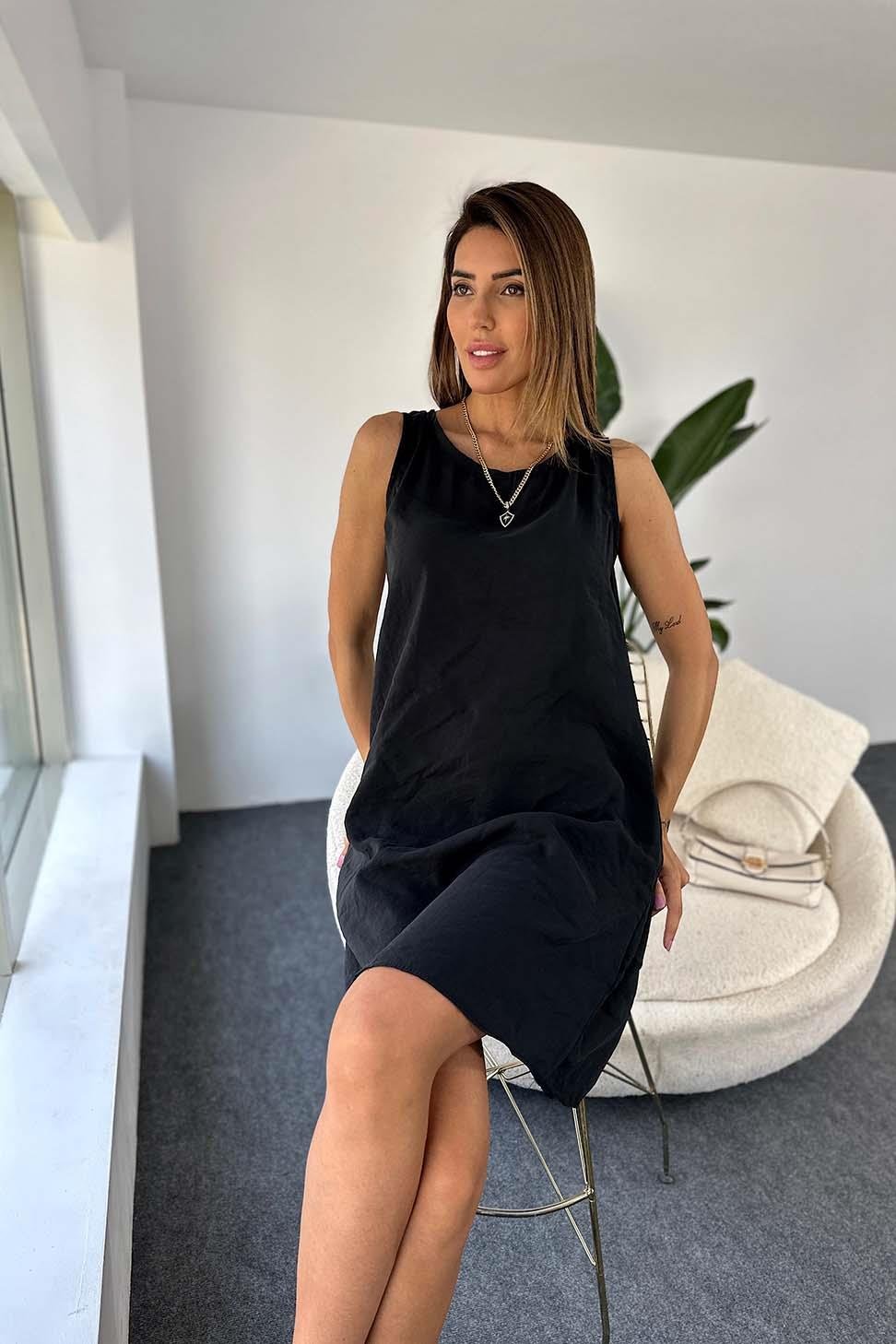 Modal Kumaş Cep Detay Yazlık Midi Elbise Siyah
