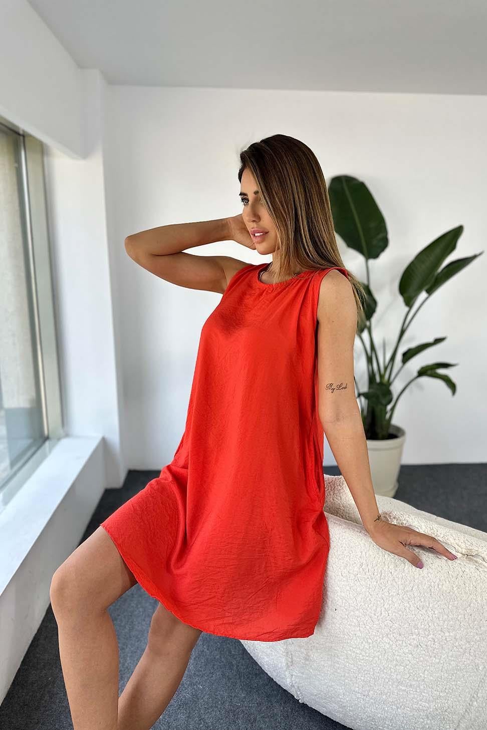 Modal Kumaş Cep Detay Yazlık Midi Elbise Nar Çiçeği