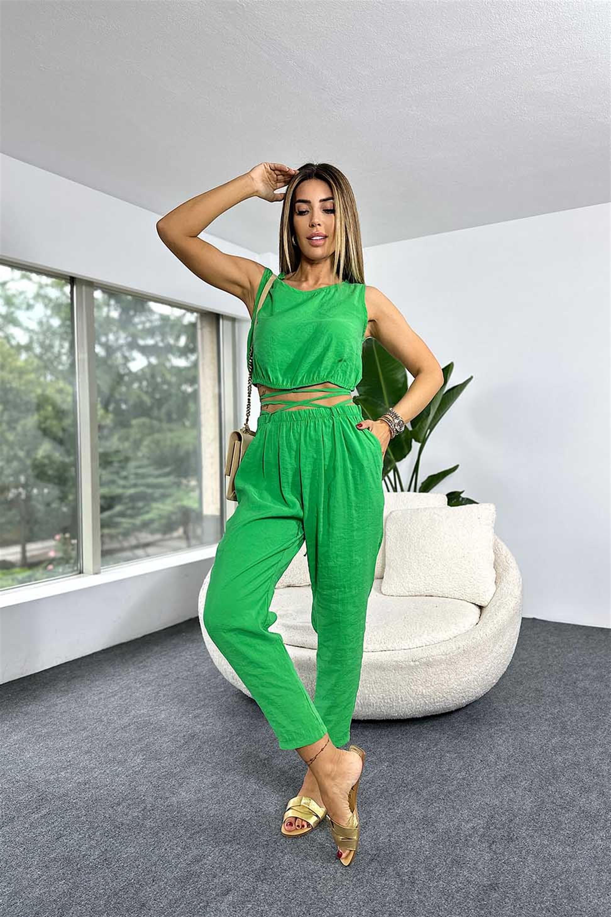 Modal Kumaş Crop Pantolon İkili Kadın Takım Yeşil