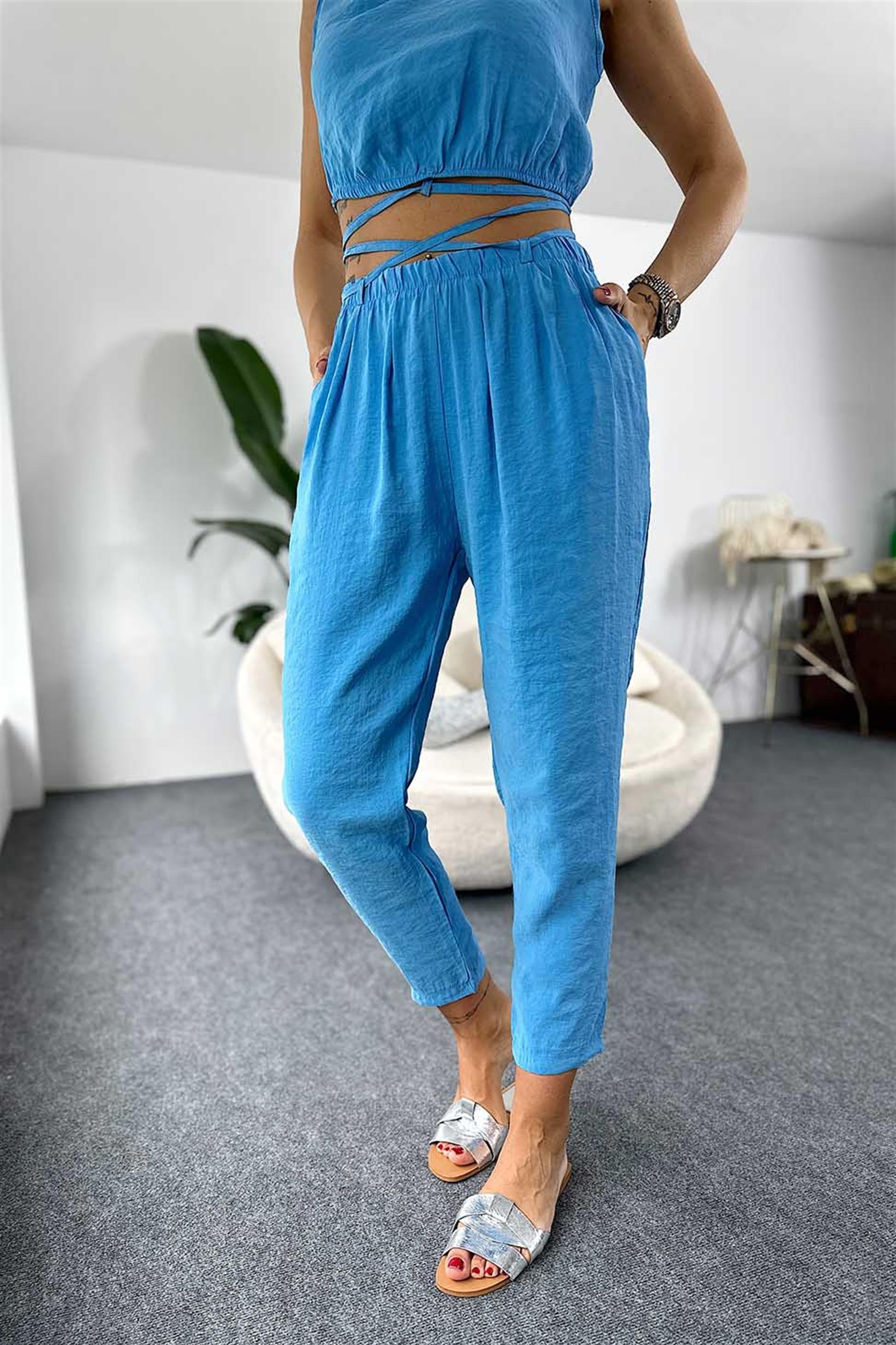 Modal Kumaş Crop Pantolon İkili Kadın Takım Mavi