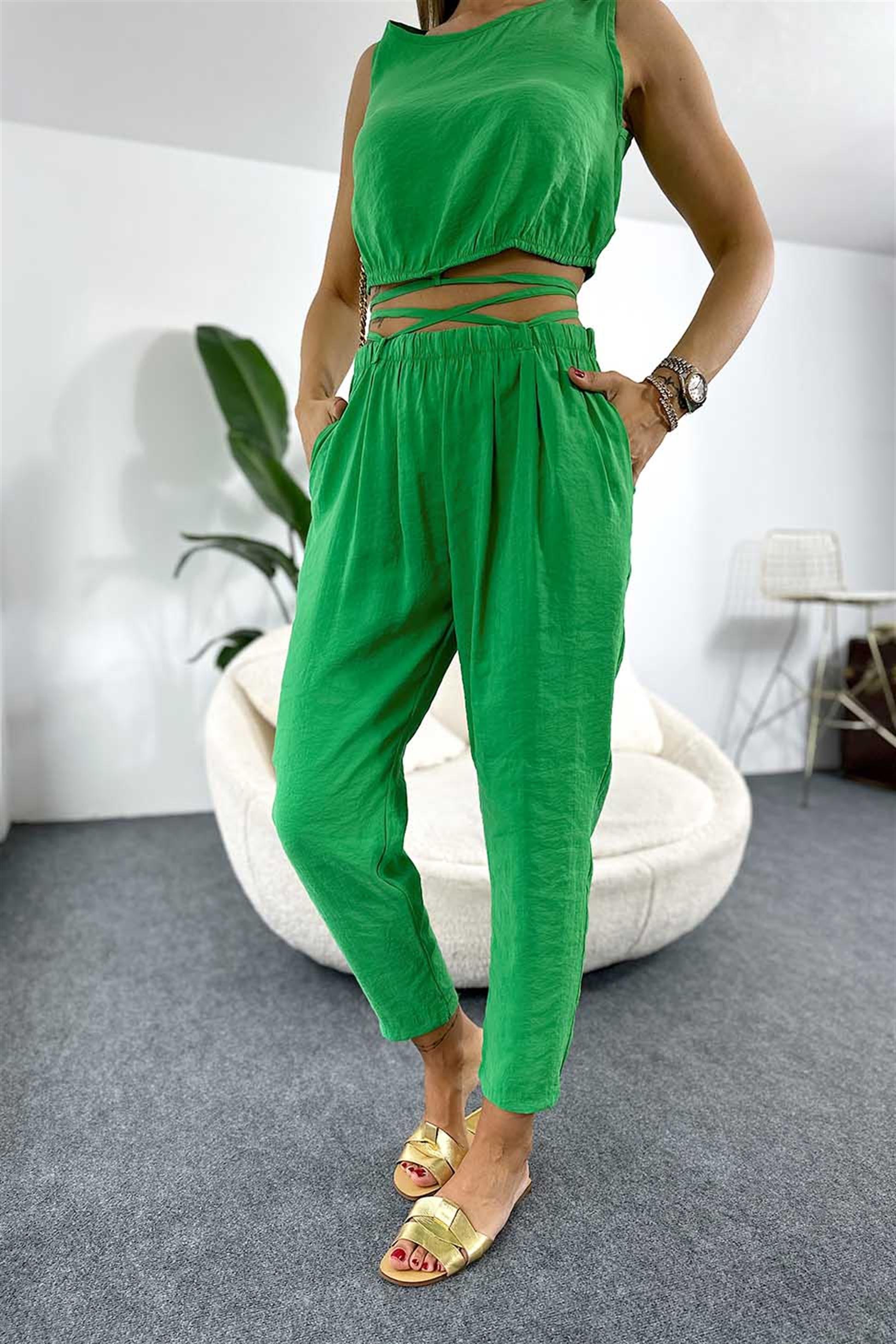 Modal Kumaş Crop Pantolon İkili Kadın Takım Yeşil