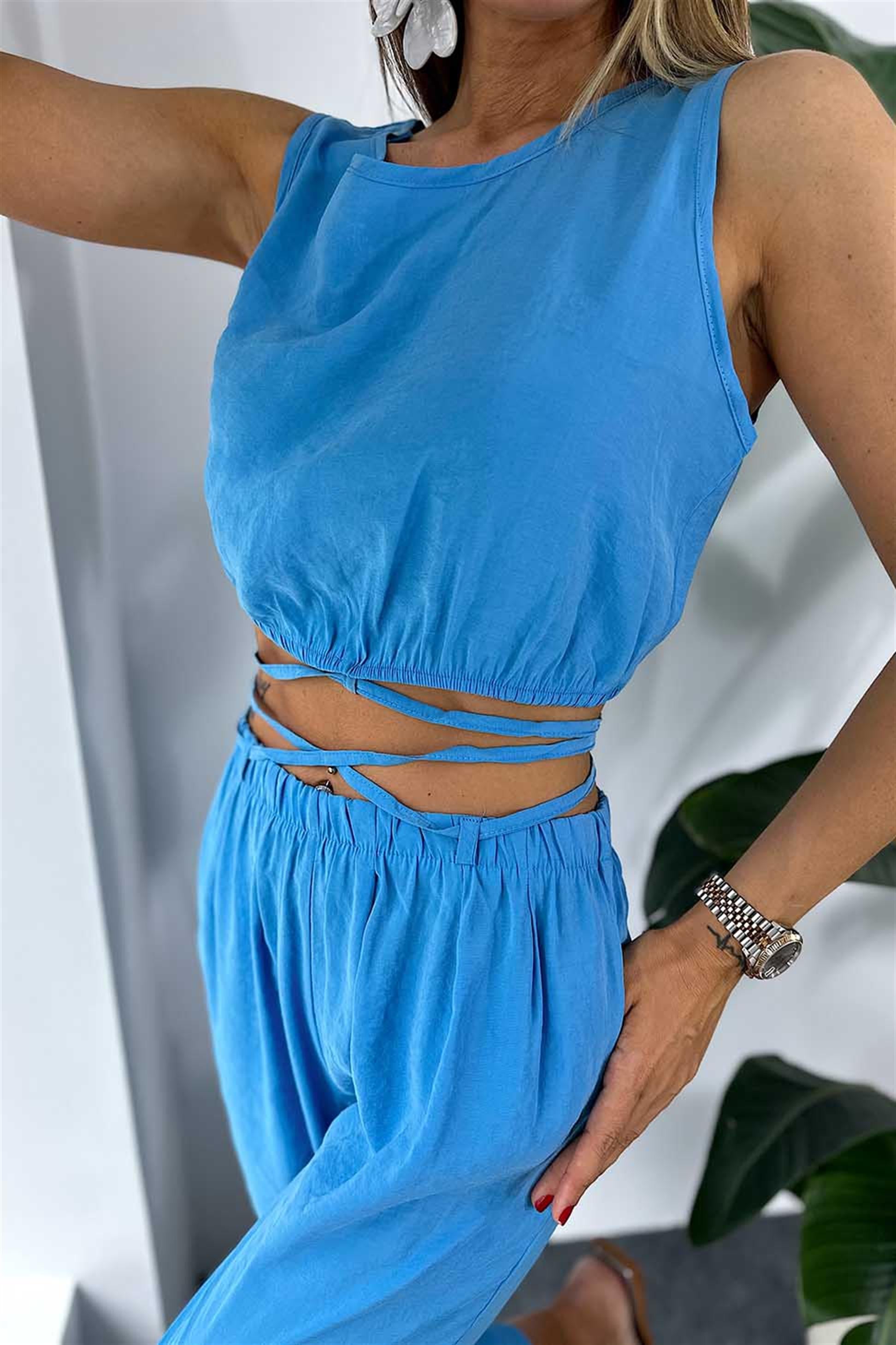 Modal Kumaş Crop Pantolon İkili Kadın Takım Mavi