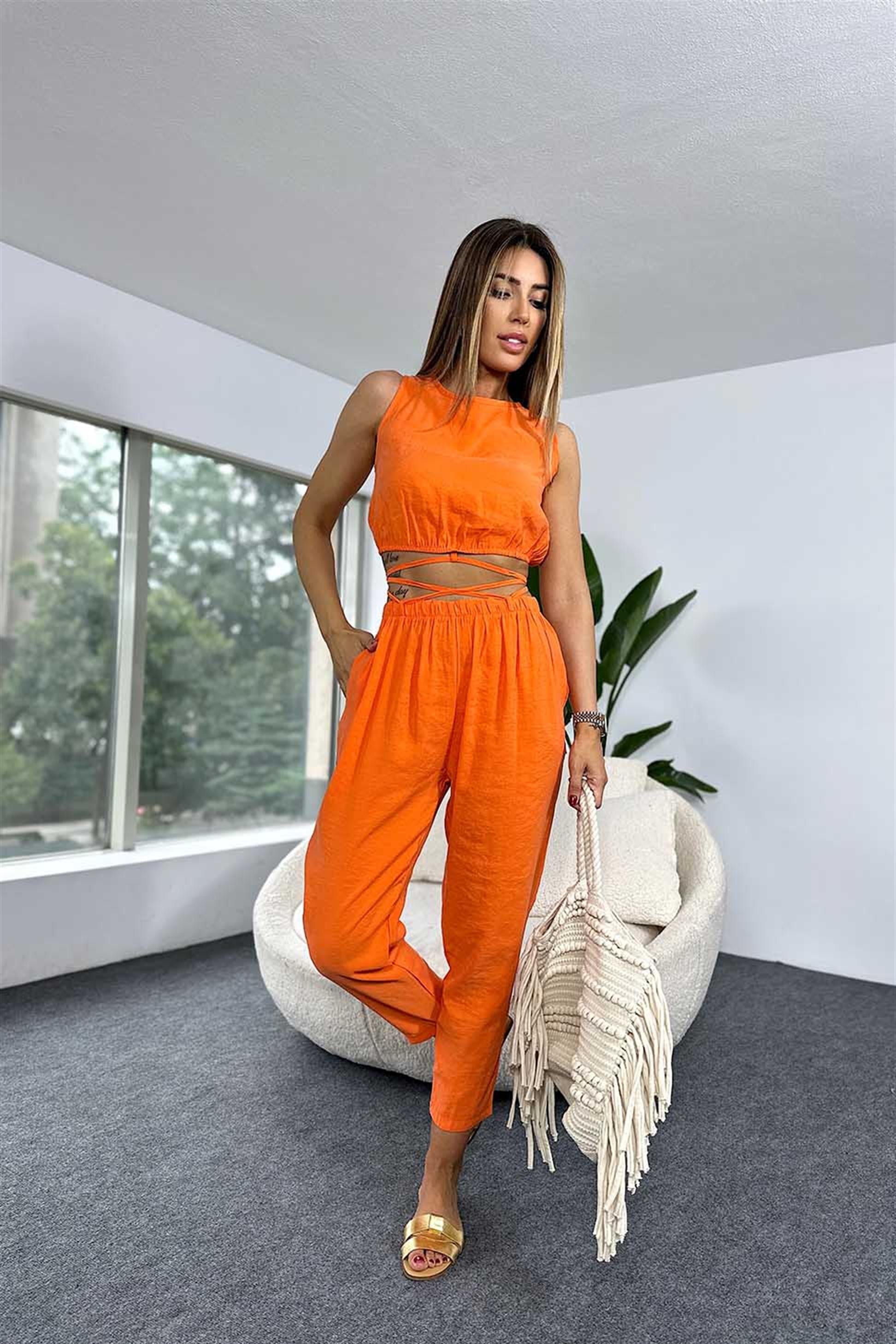 Modal Kumaş Crop Pantolon İkili Kadın Takım Turuncu