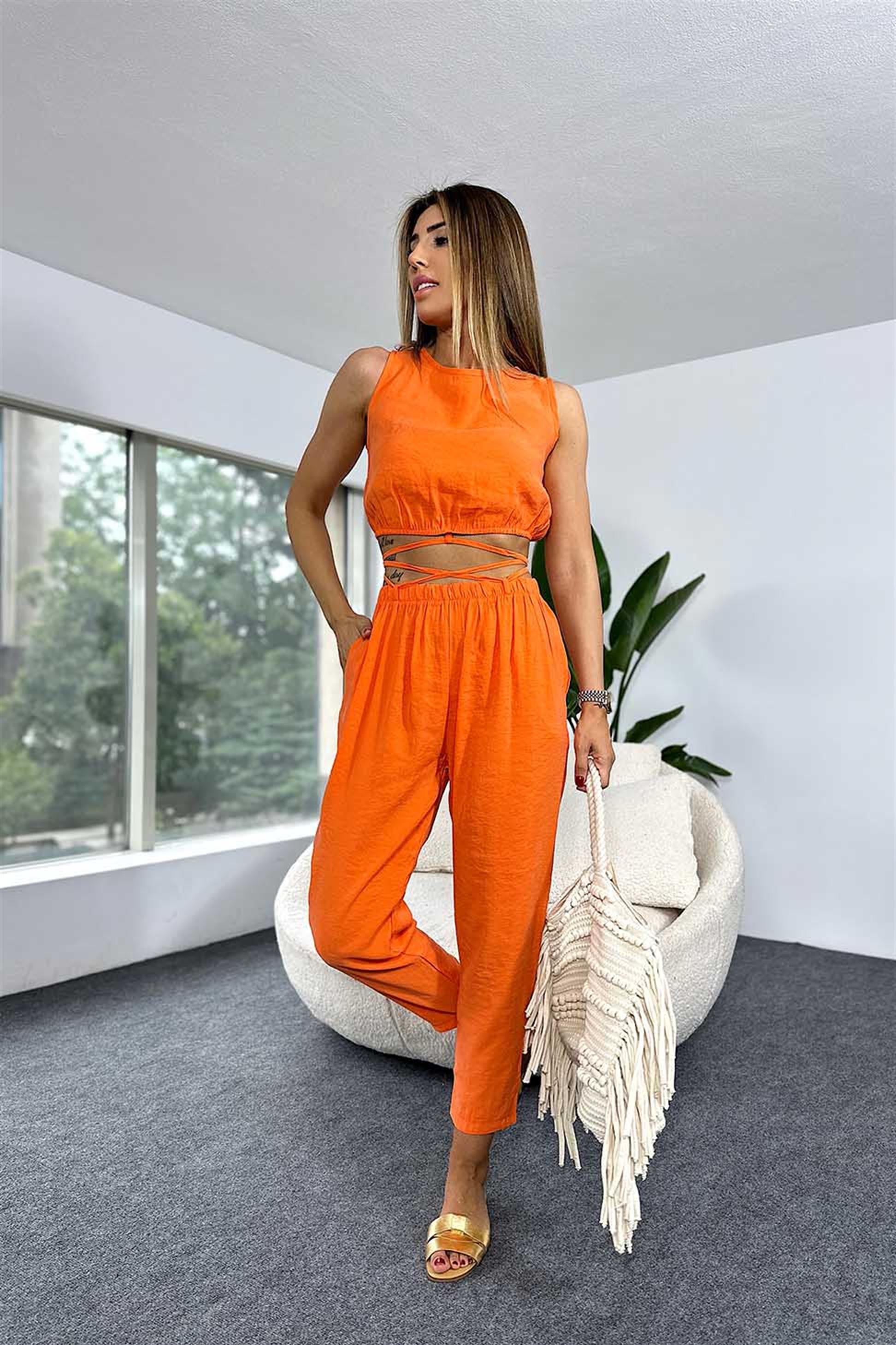Modal Kumaş Crop Pantolon İkili Kadın Takım Turuncu