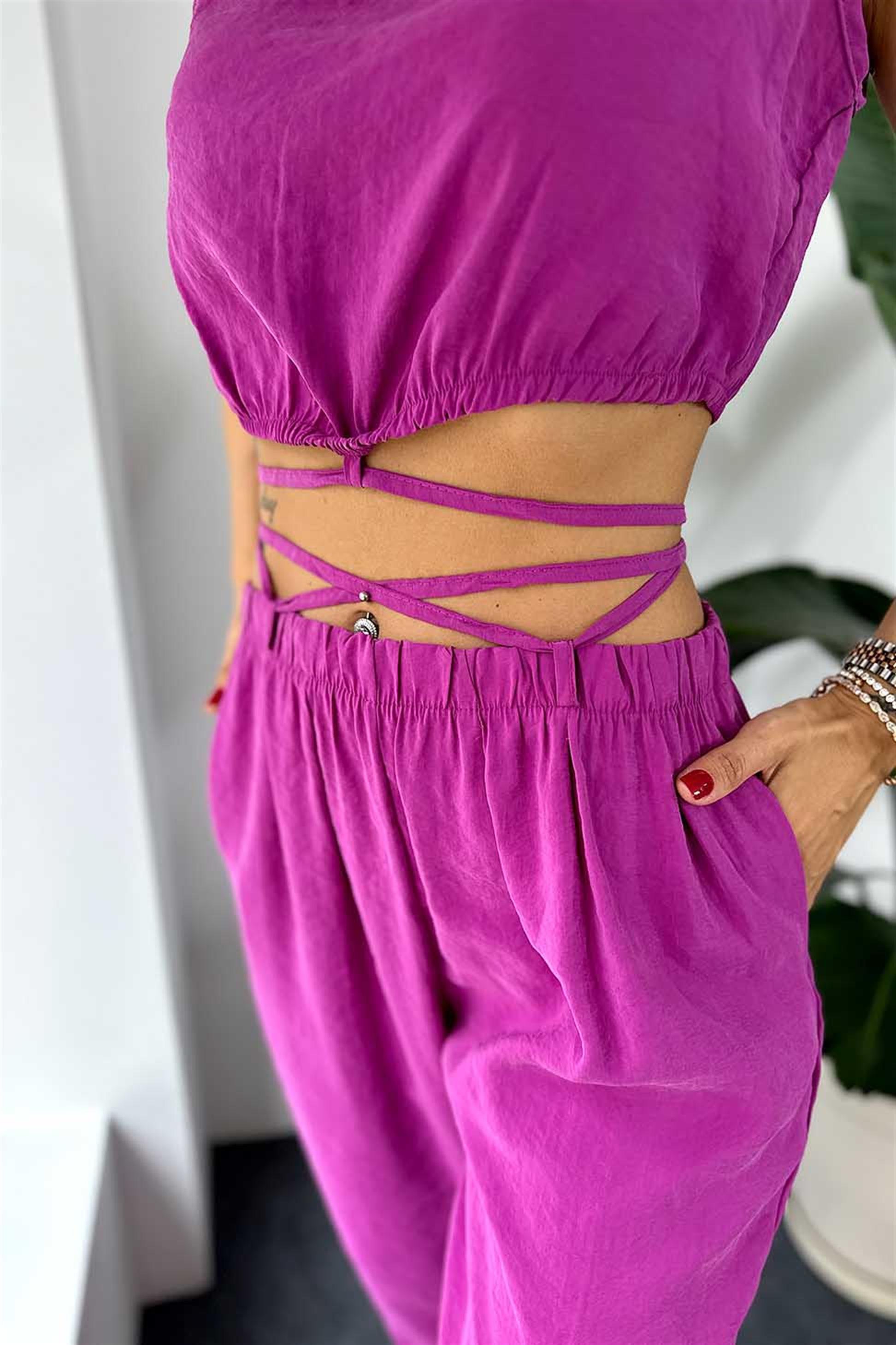 Modal Kumaş Crop Pantolon İkili Kadın Takım Mor