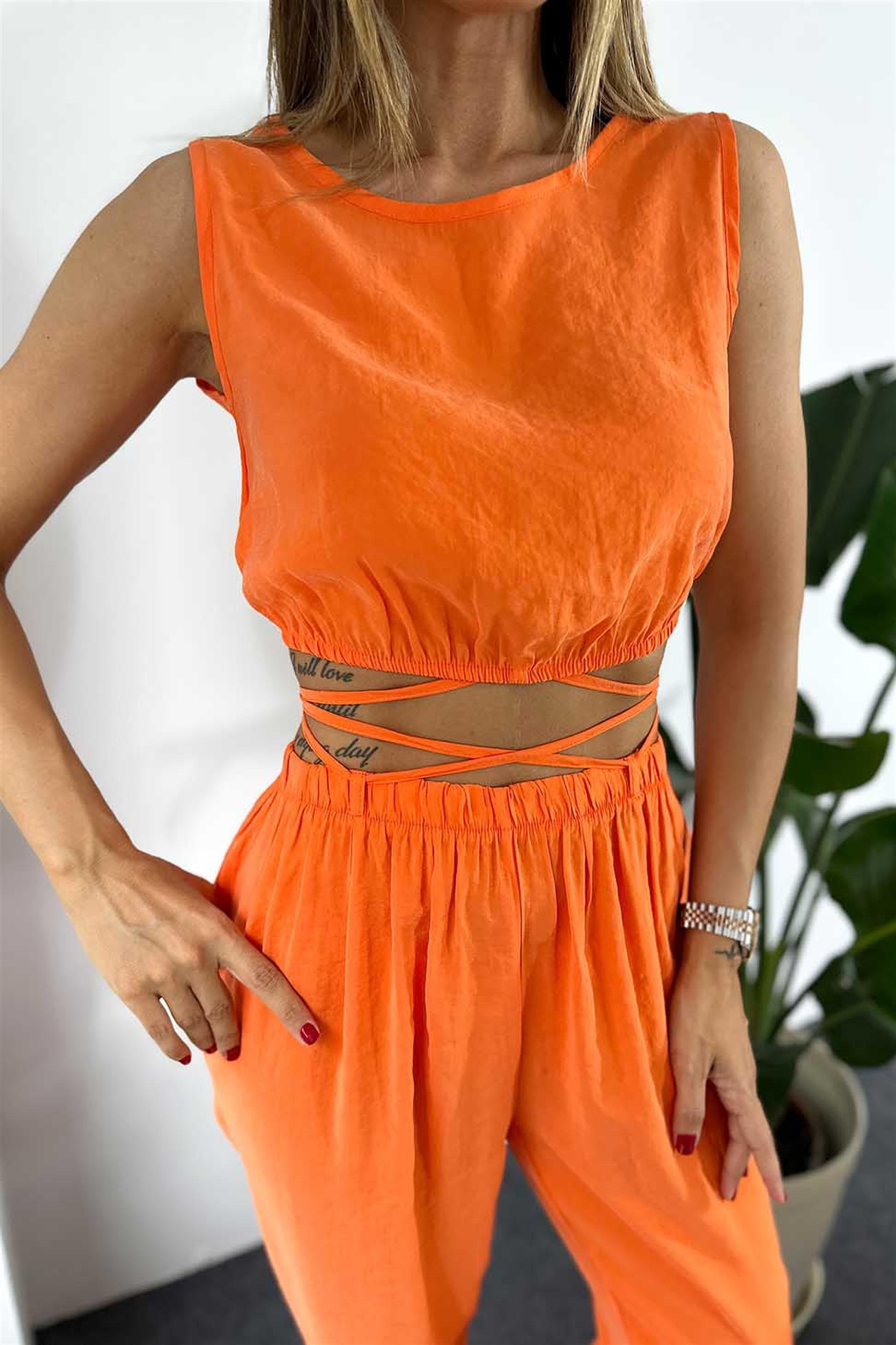 Modal Kumaş Crop Pantolon İkili Kadın Takım Turuncu