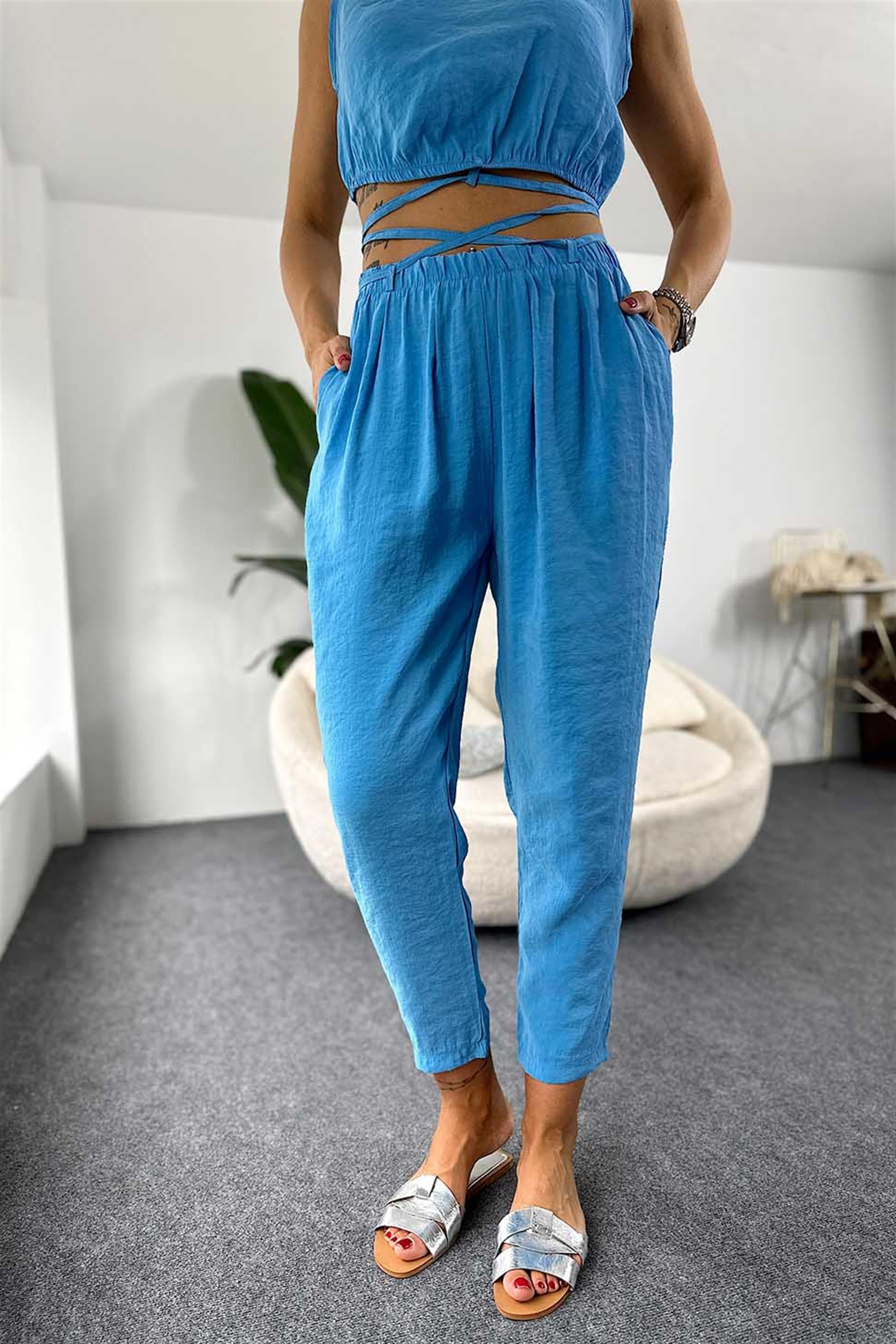 Modal Kumaş Crop Pantolon İkili Kadın Takım Mavi