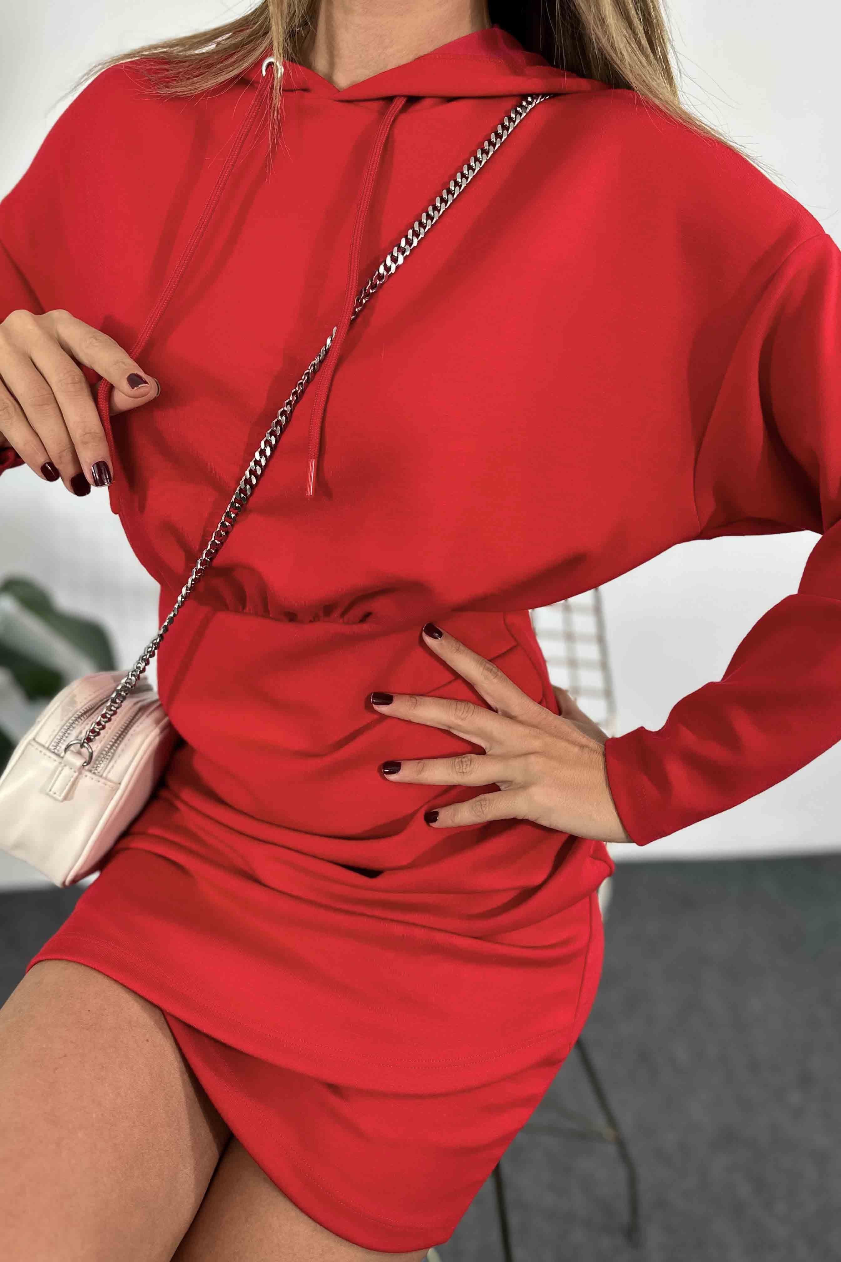 Modal Kumaş Drapeli Sweat Elbise Kırmızı