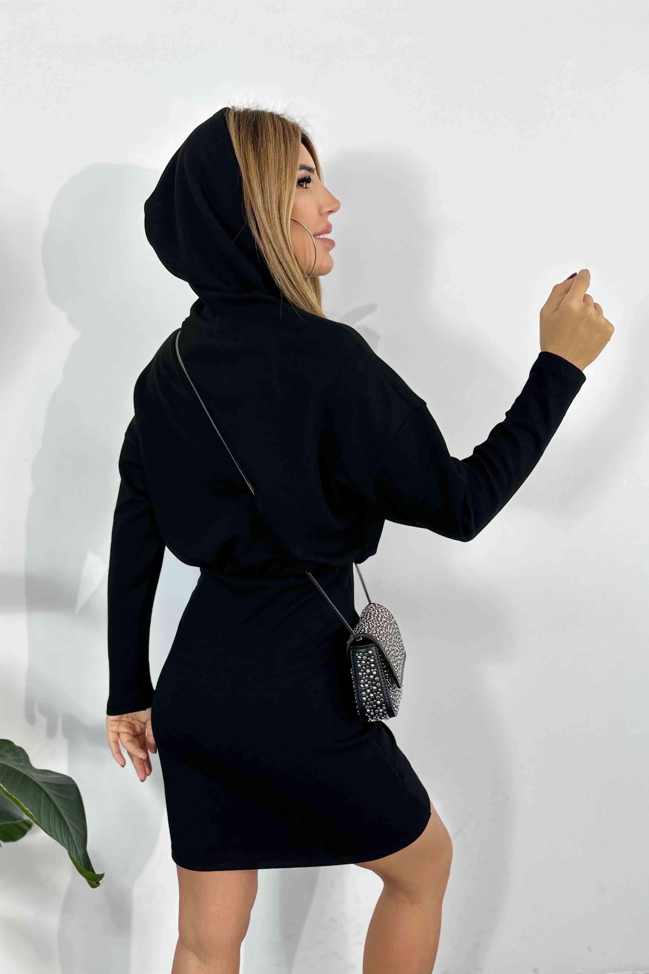 Modal Kumaş Drapeli Sweat Elbise Siyah