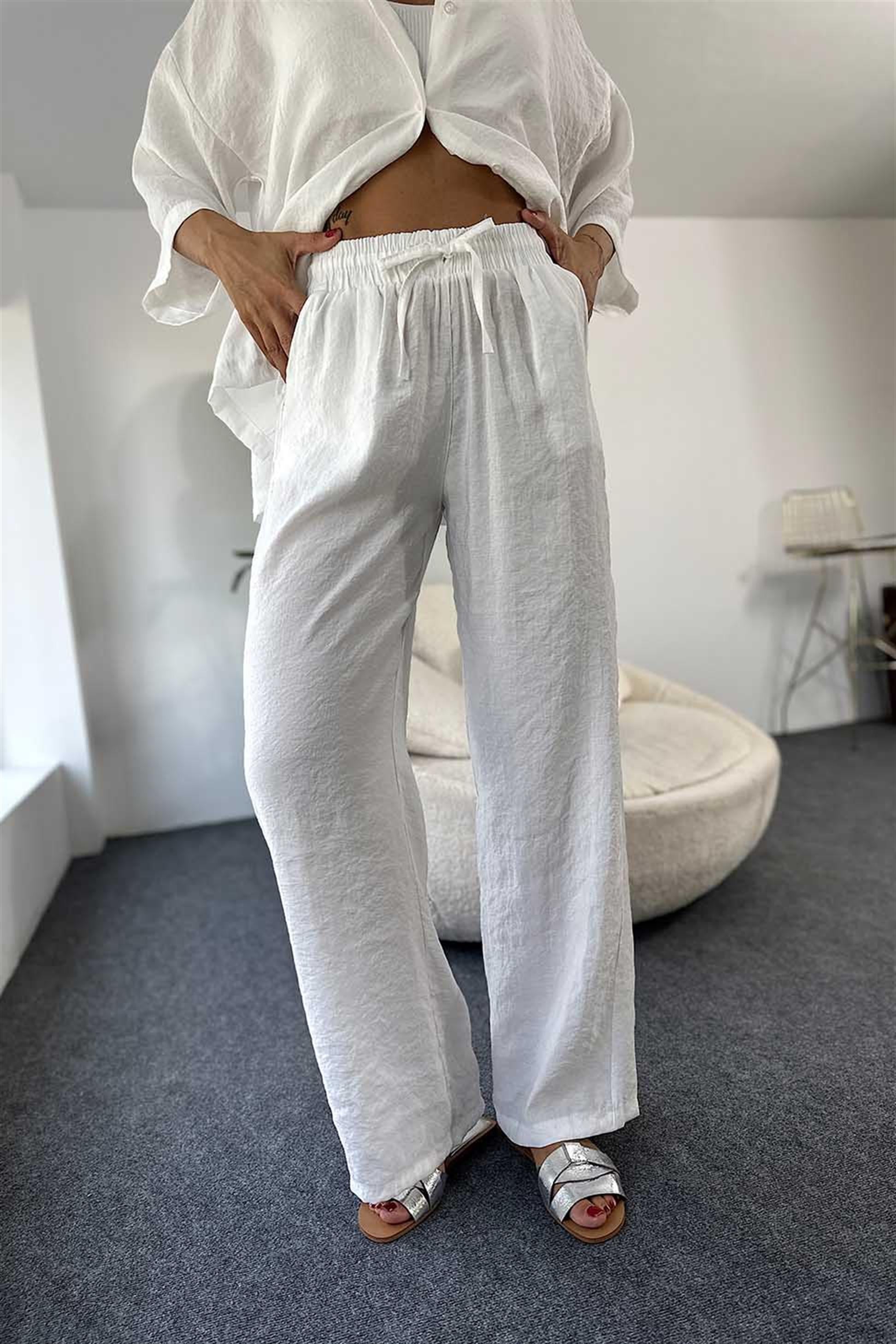 Modal Kumaş Gömlek Beli Lastikli Pantolon Kadın Takım Beyaz