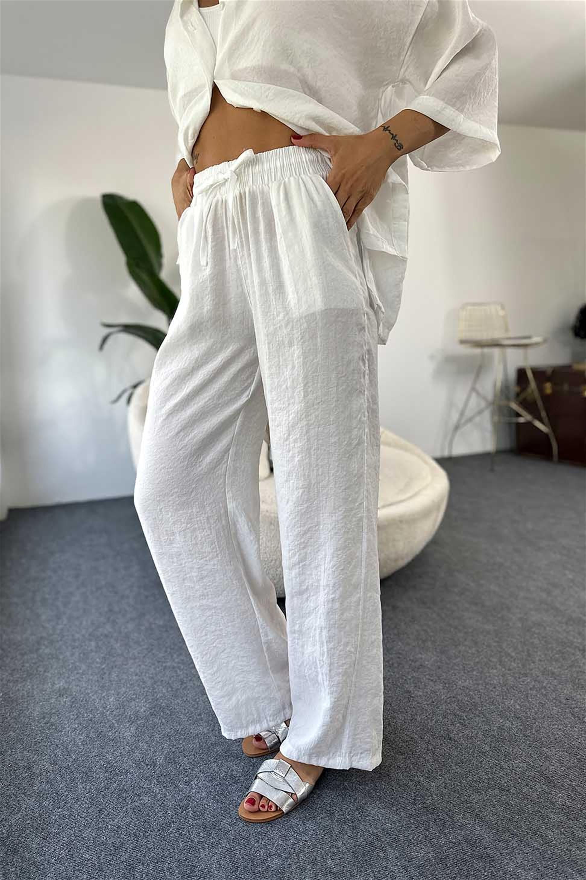 Modal Kumaş Gömlek Beli Lastikli Pantolon Kadın Takım Beyaz