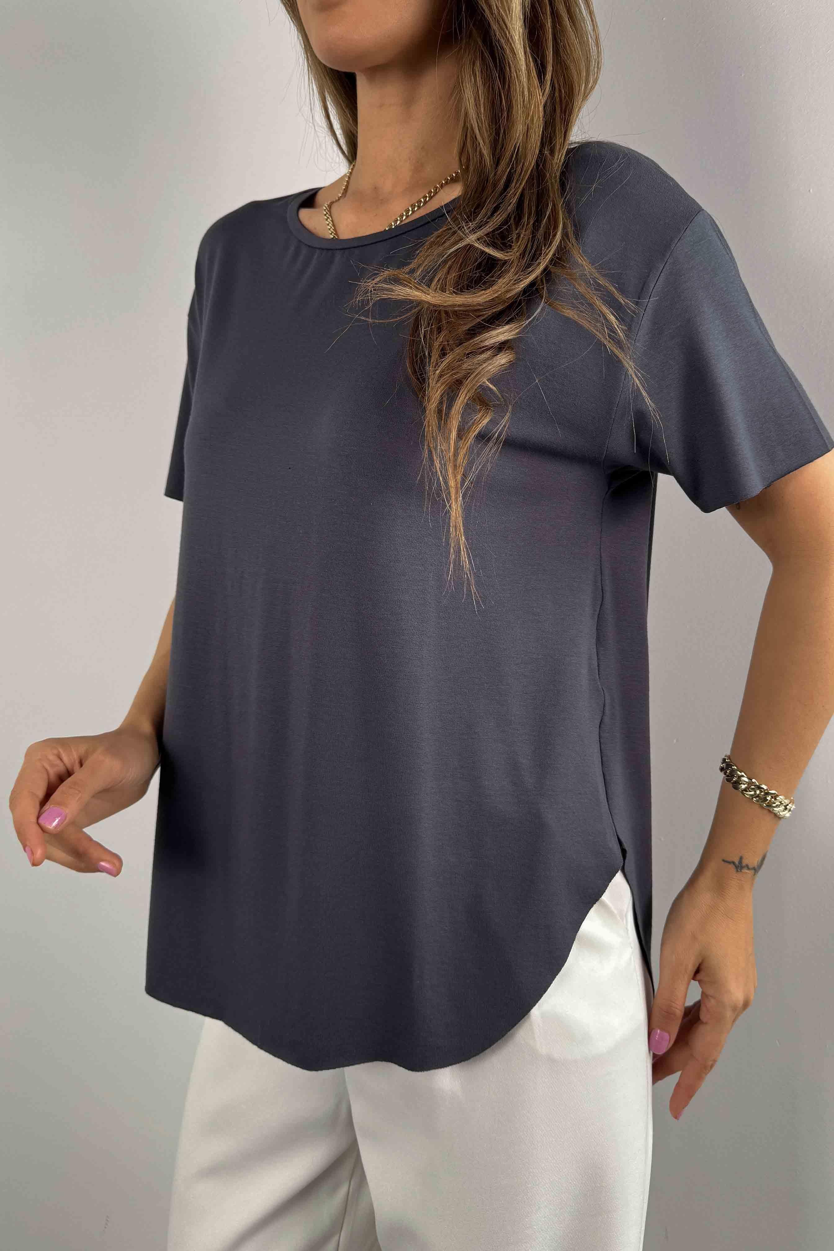 Modal Kumaş Lazer Kesim Basic Tişört Antrasit