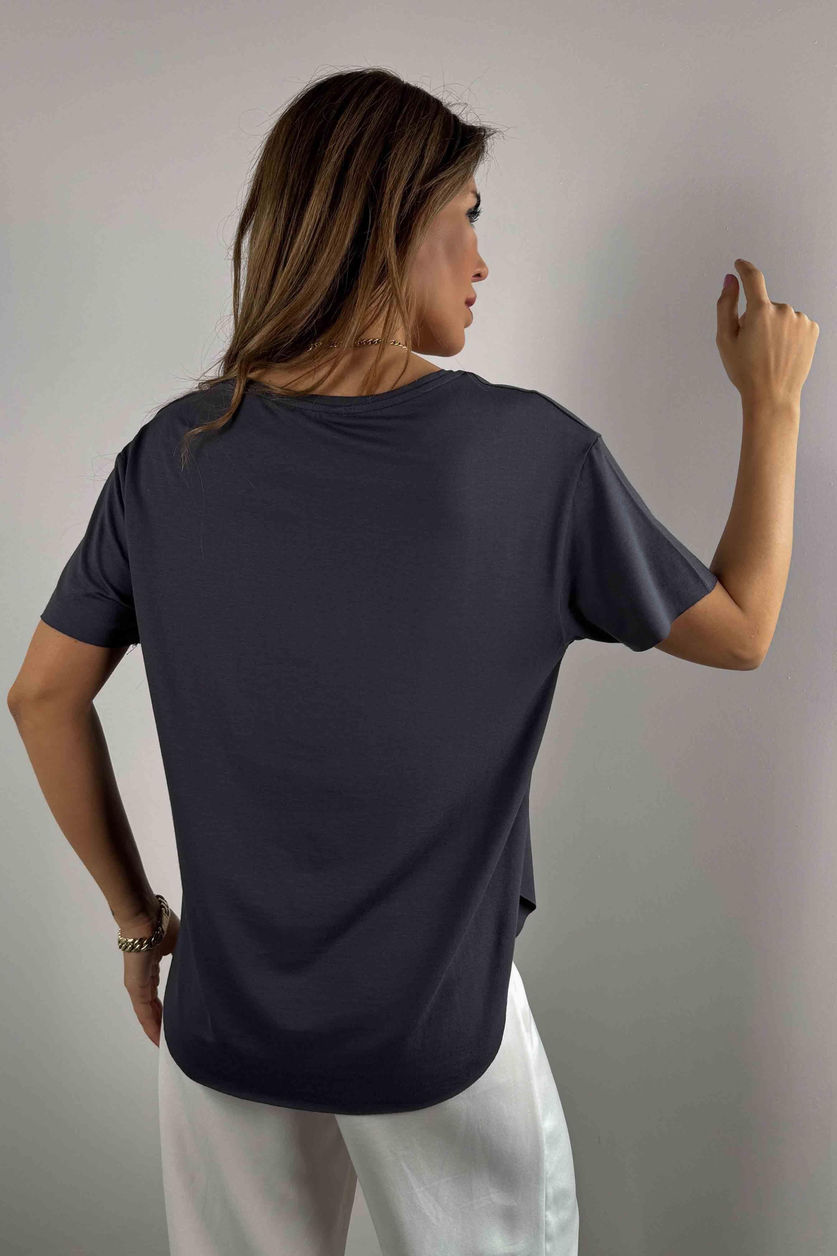 Modal Kumaş Lazer Kesim Basic Tişört Antrasit