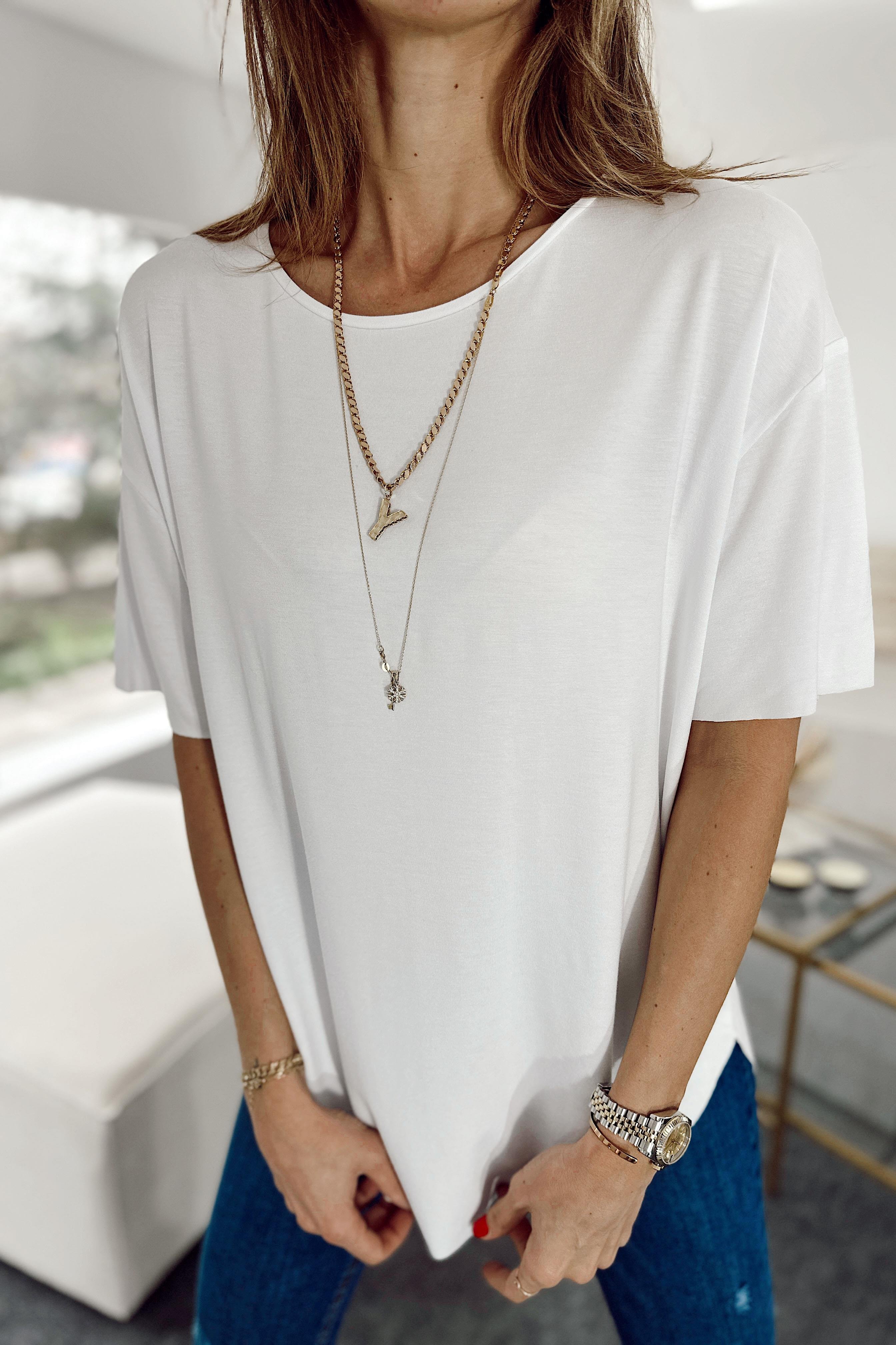 Modal Kumaş Lazer Kesim Basic Tişört Beyaz