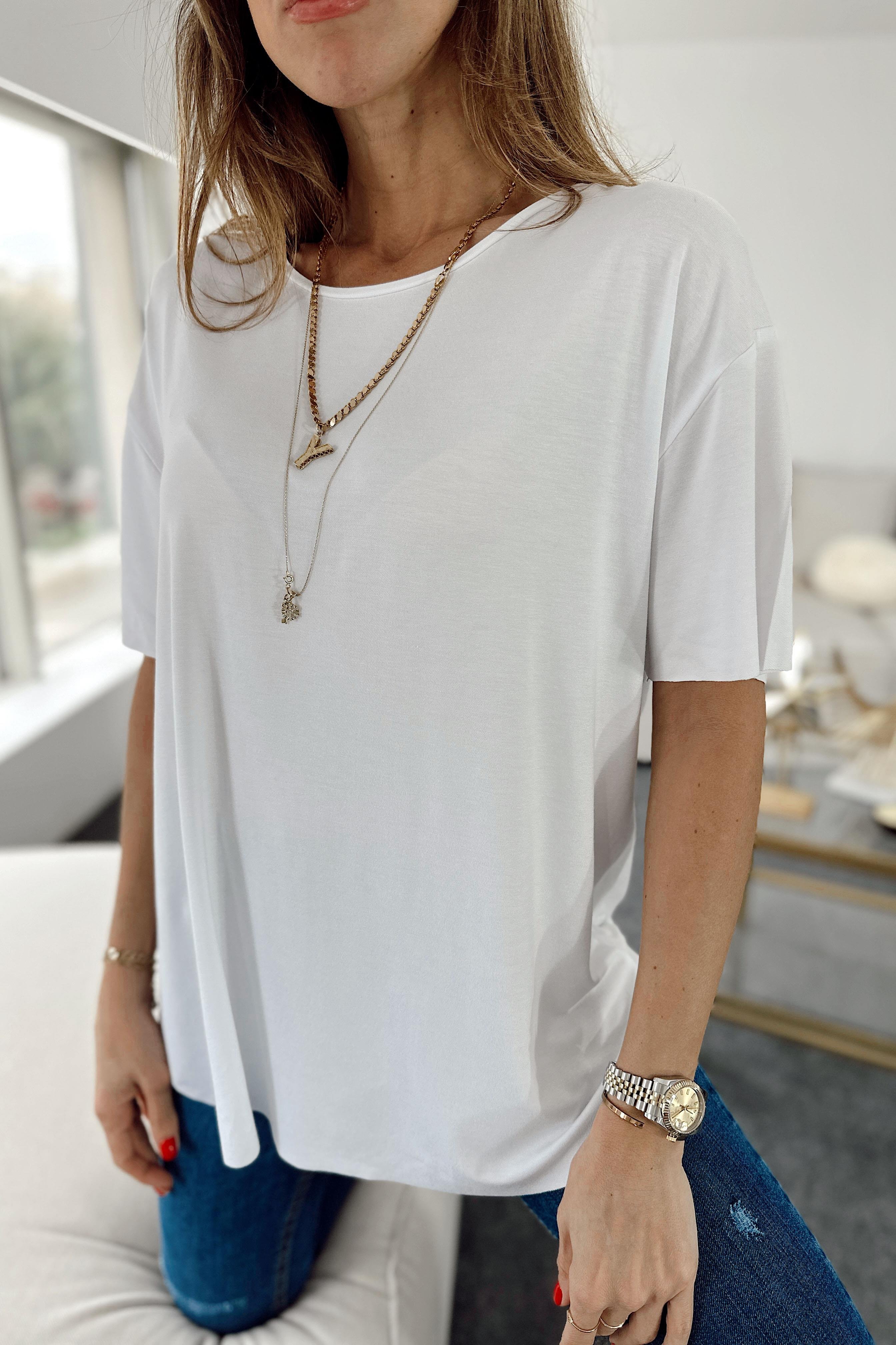 Modal Kumaş Lazer Kesim Basic Tişört Beyaz