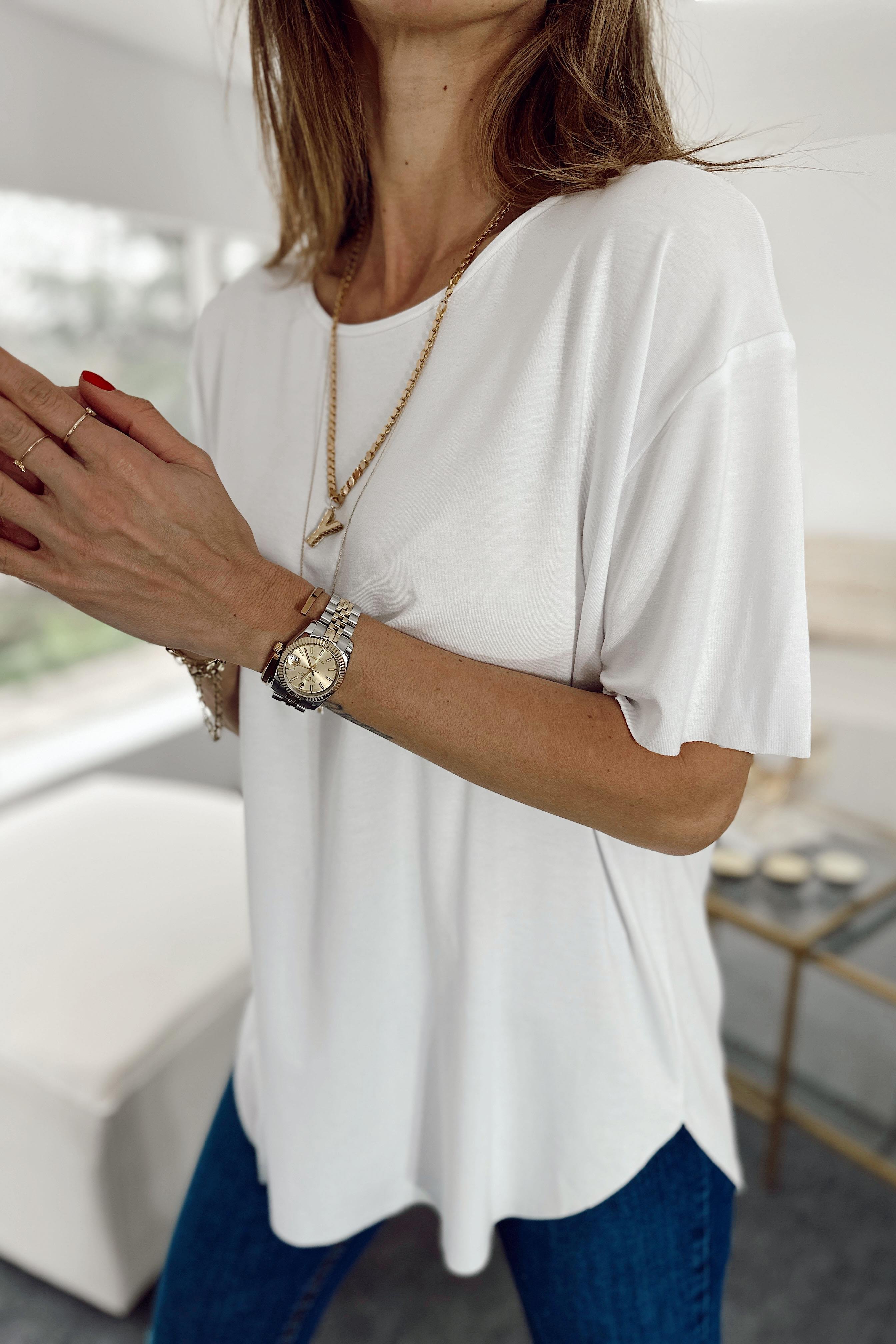 Modal Kumaş Lazer Kesim Basic Tişört Beyaz