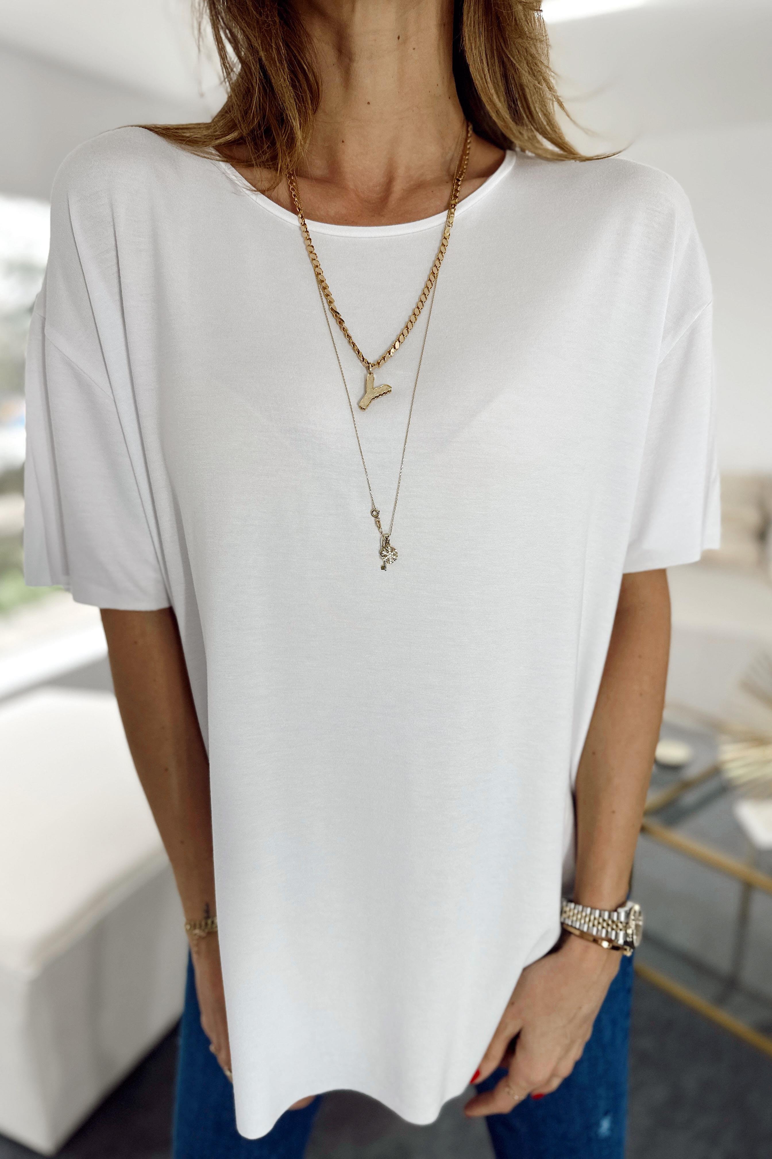 Modal Kumaş Lazer Kesim Basic Tişört Beyaz