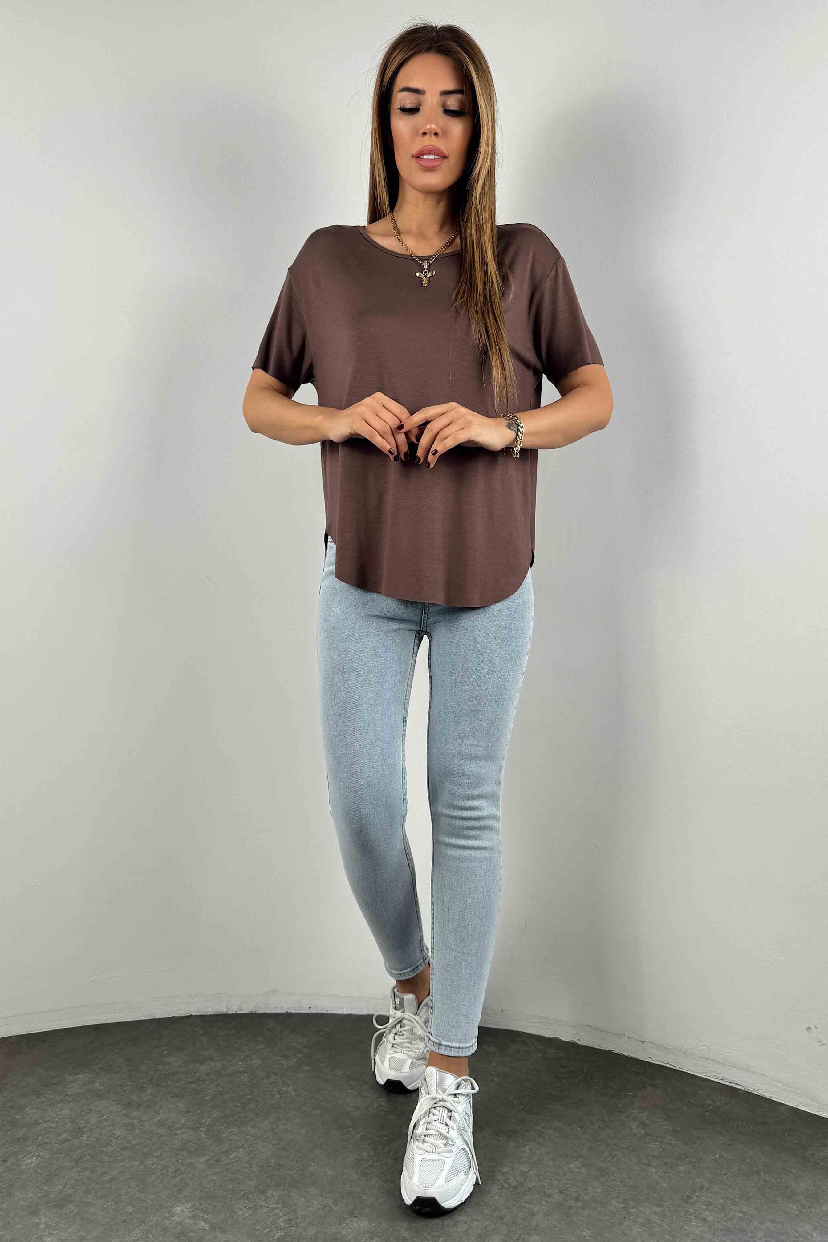 Modal Kumaş Lazer Kesim Basic Tişört Kahverengi