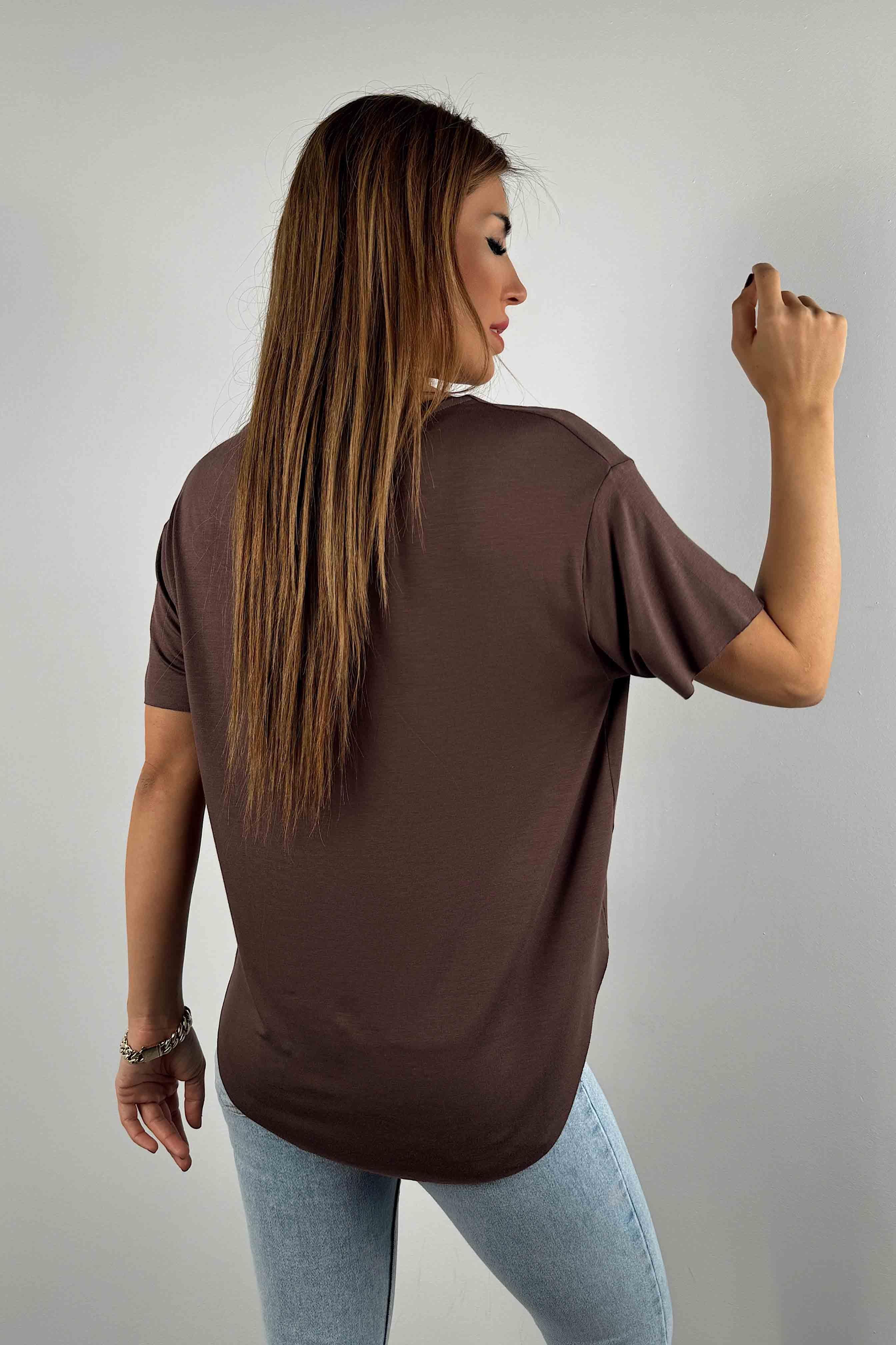 Modal Kumaş Lazer Kesim Basic Tişört Kahverengi