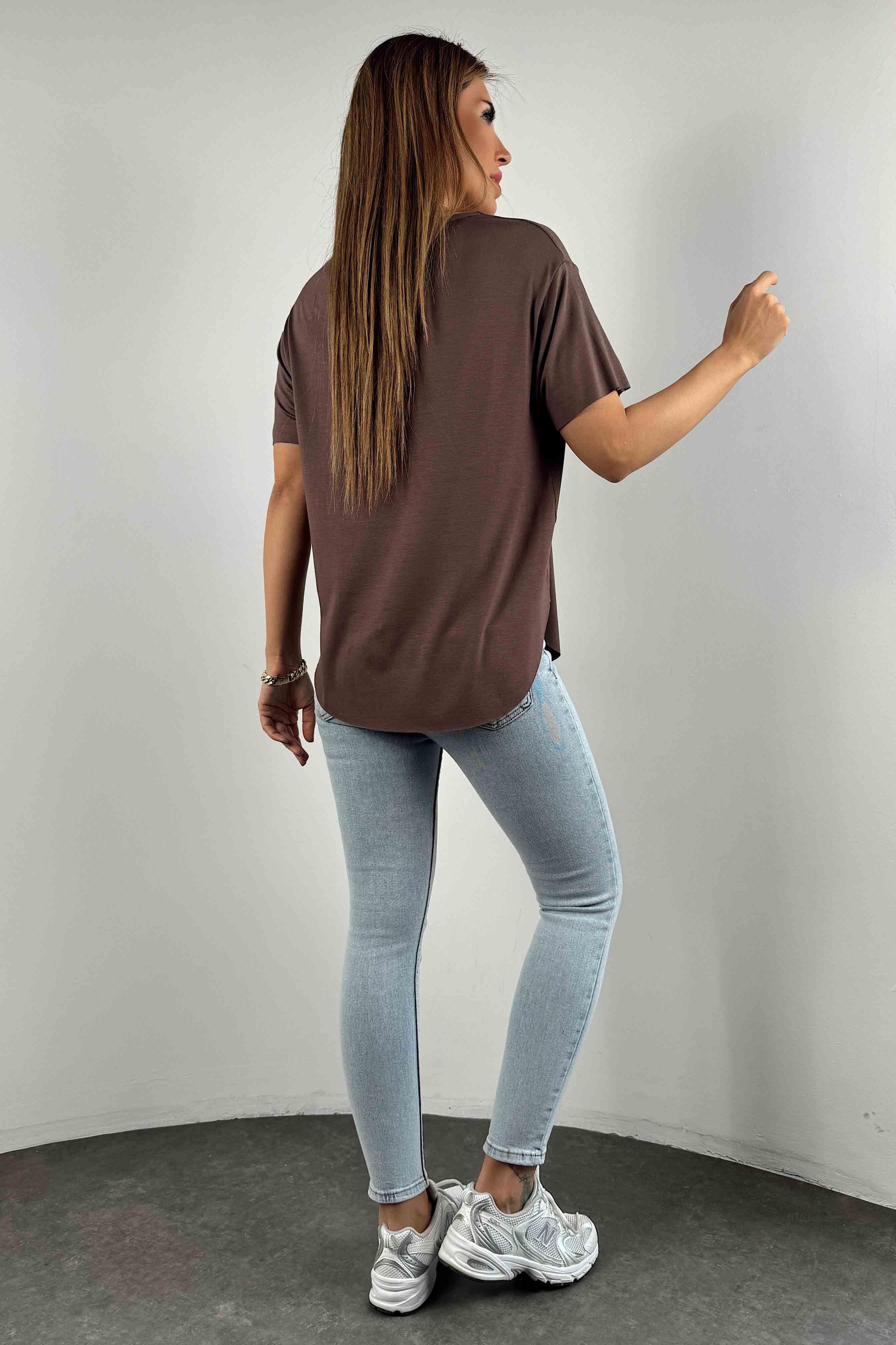 Modal Kumaş Lazer Kesim Basic Tişört Kahverengi