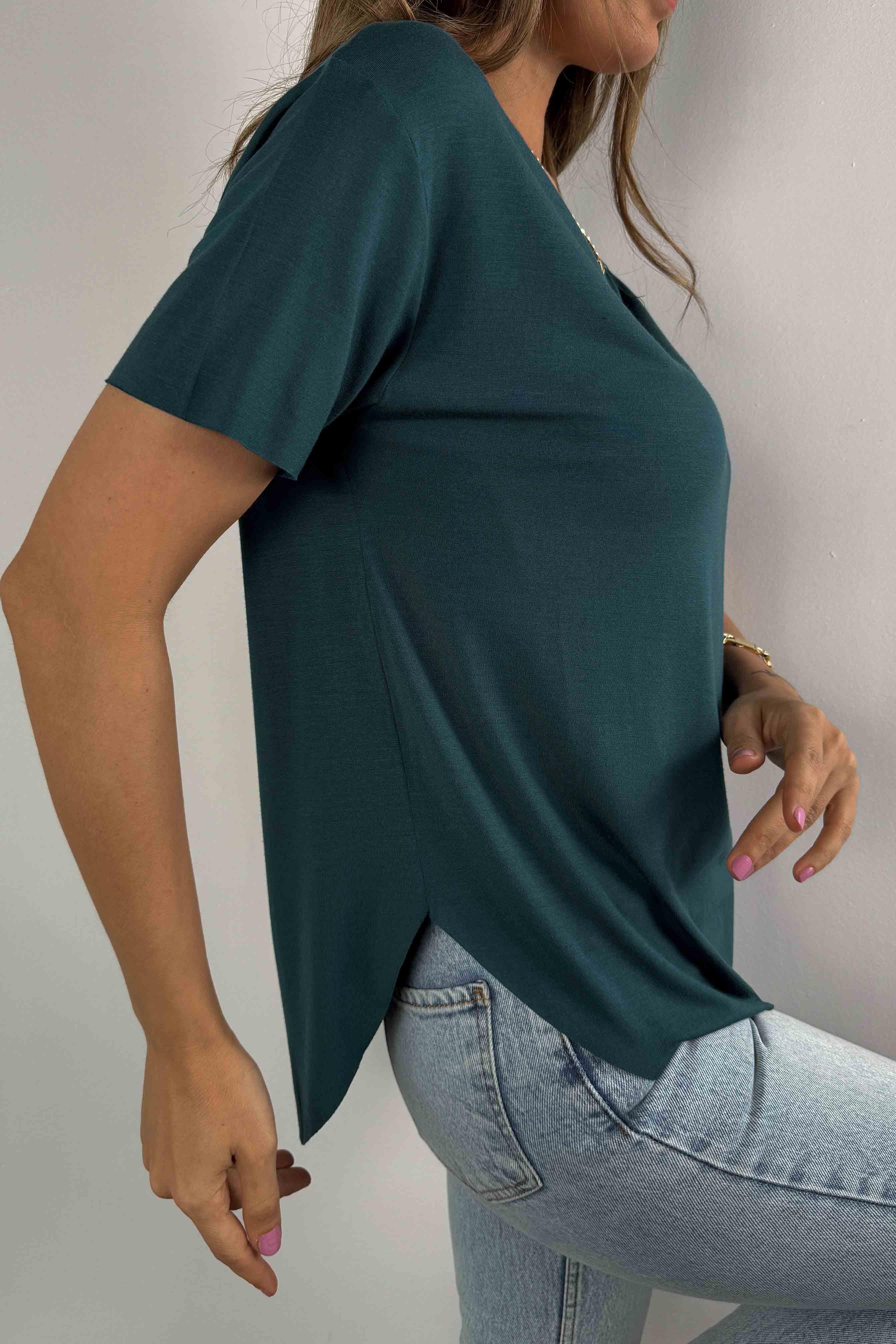 Modal Kumaş Lazer Kesim Basic Tişört Petrol Yeşili