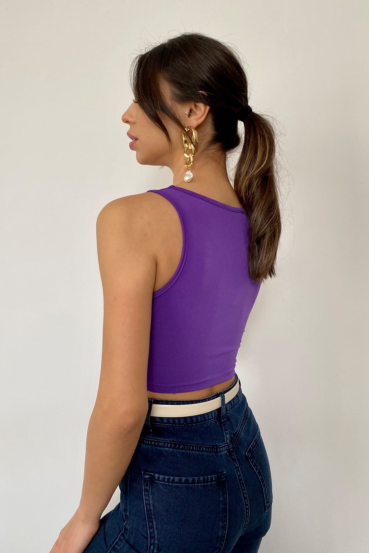 Mor Kalın Askı Kare Yaka Crop Top