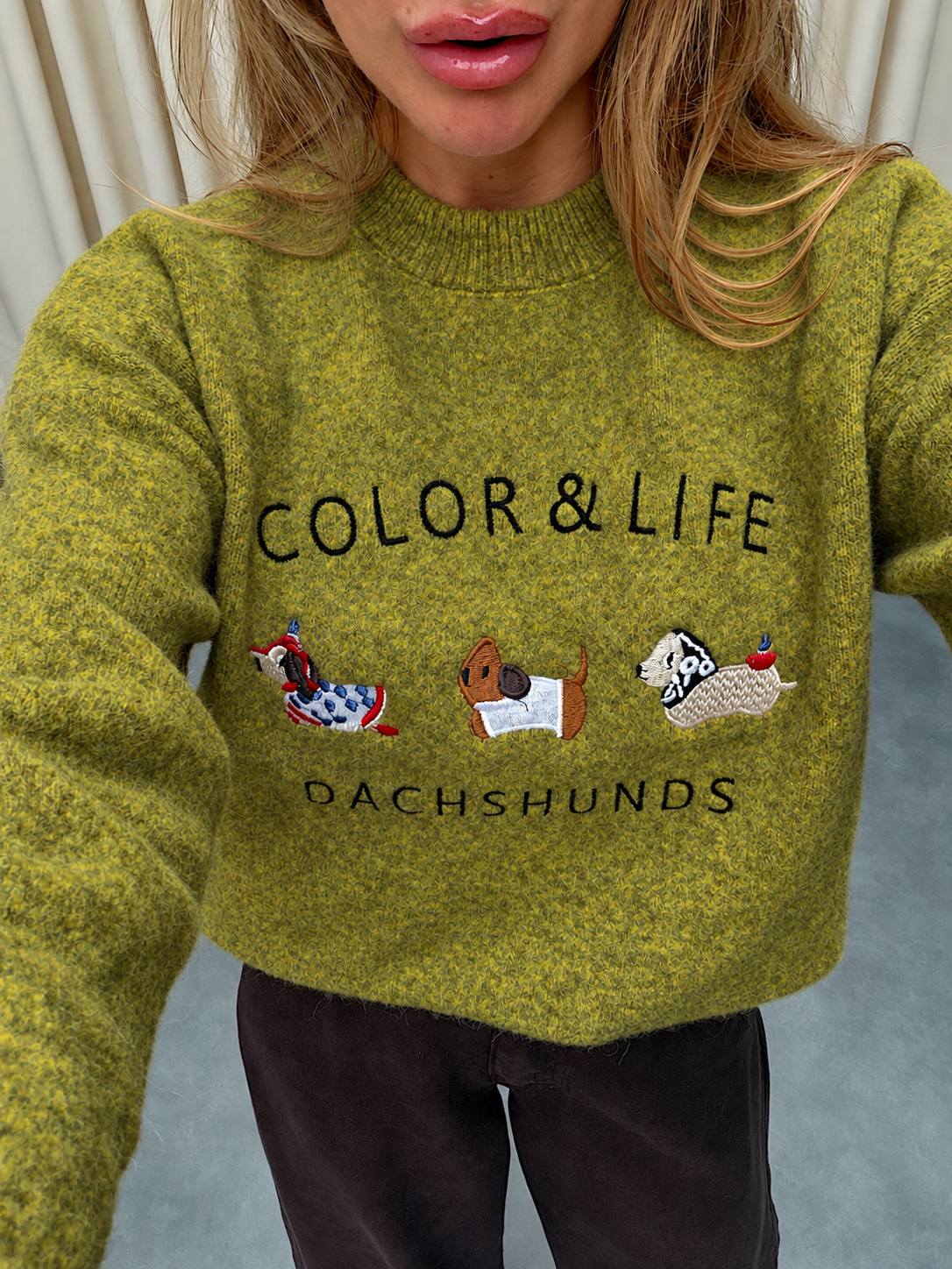 Nakış İşleme Figürlü Colours Life Yumoş Triko Yağ Yeşili