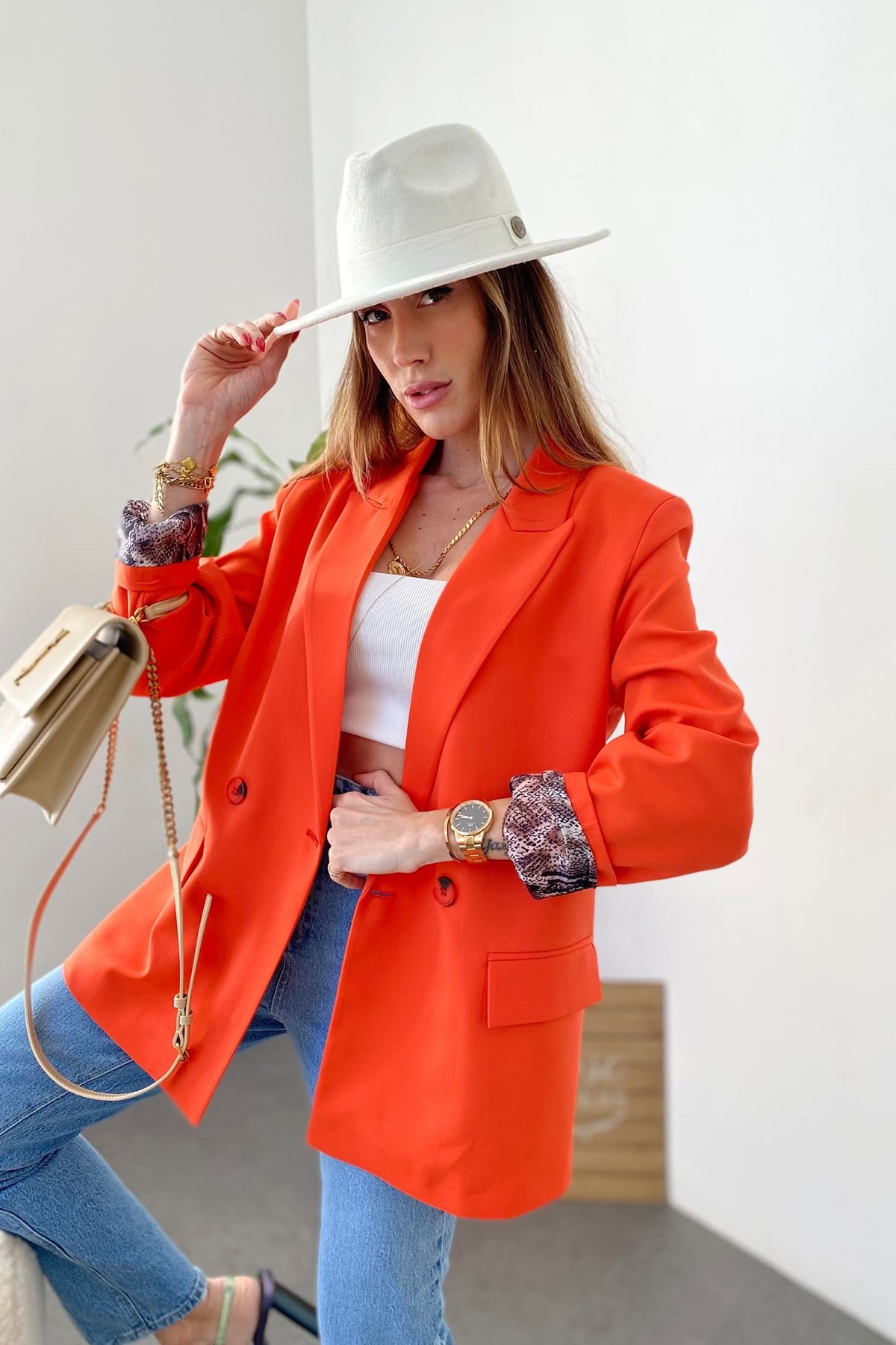 Nar Çiçeği İçi Yılan Desen Saten Astarlı Tasarım Blazer Ceket