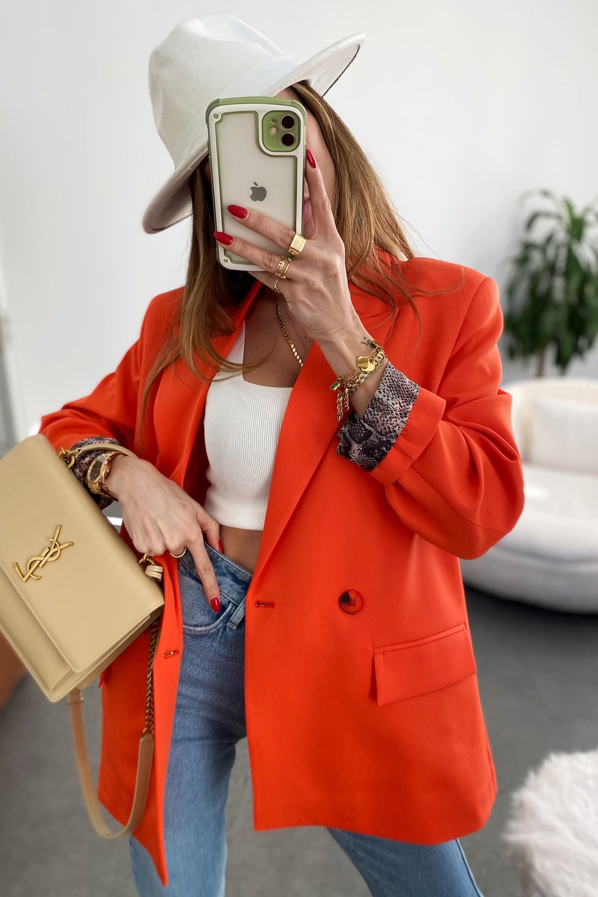 Nar Çiçeği İçi Yılan Desen Saten Astarlı Tasarım Blazer Ceket
