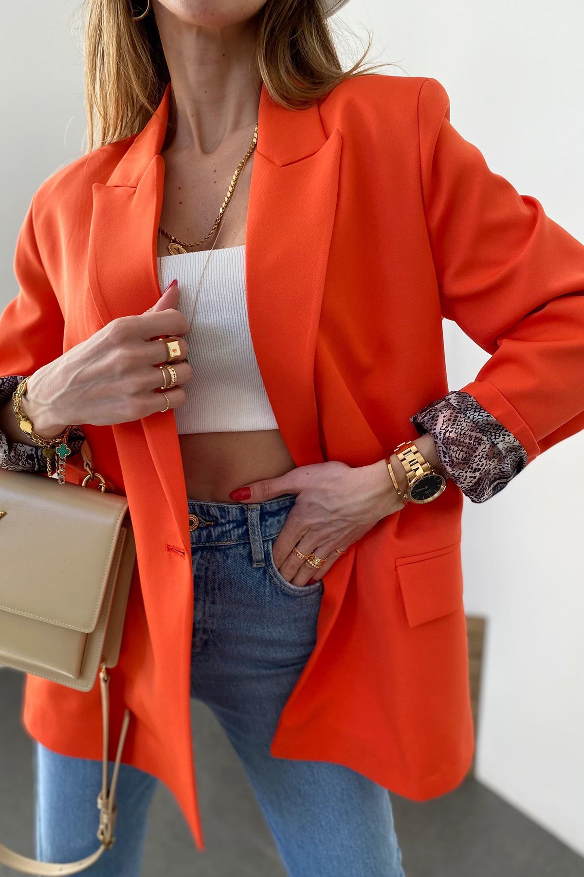 Nar Çiçeği İçi Yılan Desen Saten Astarlı Tasarım Blazer Ceket