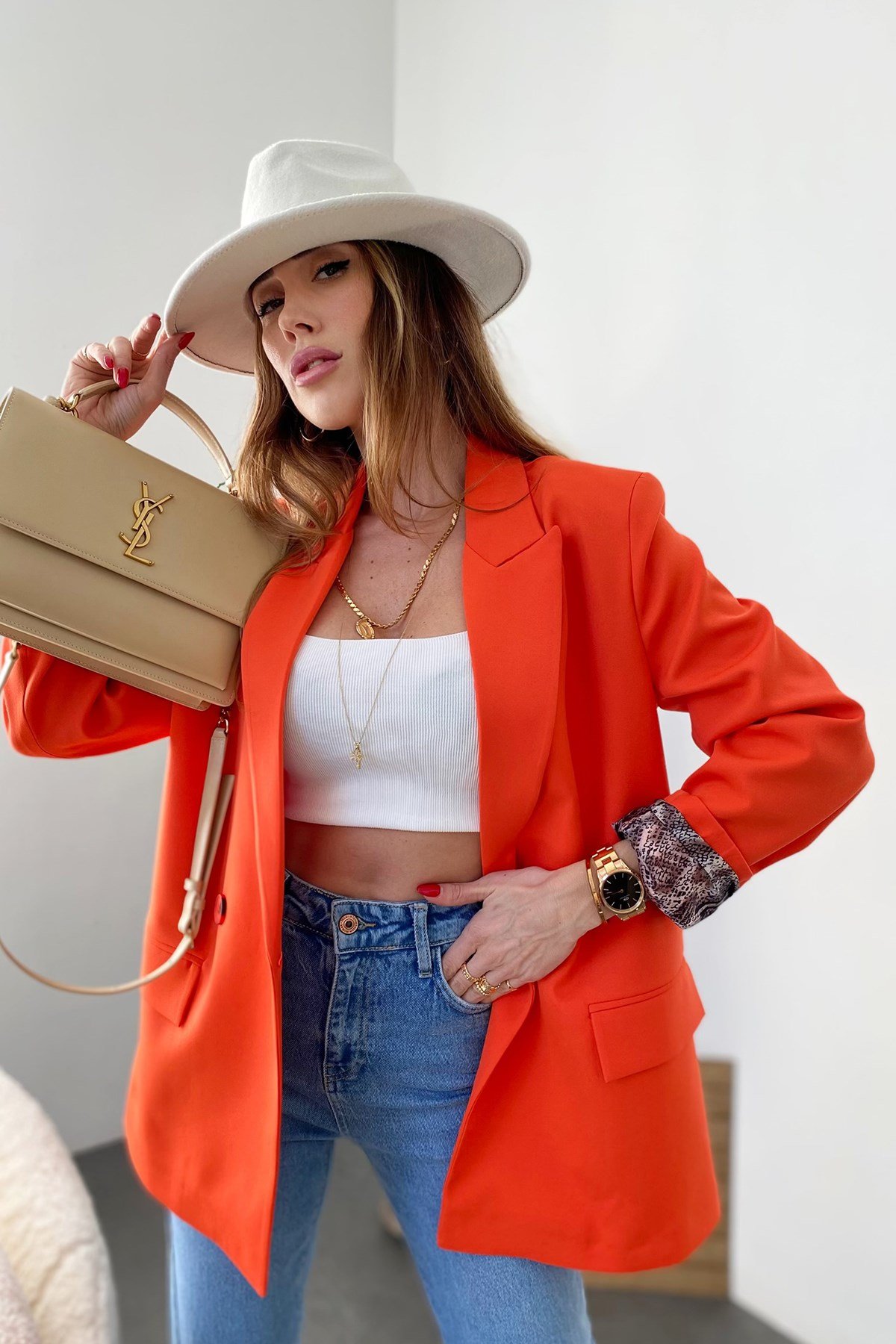 Nar Çiçeği İçi Yılan Desen Saten Astarlı Tasarım Blazer Ceket