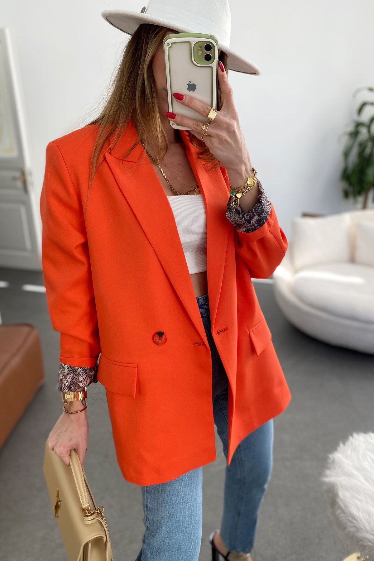 Nar Çiçeği İçi Yılan Desen Saten Astarlı Tasarım Blazer Ceket