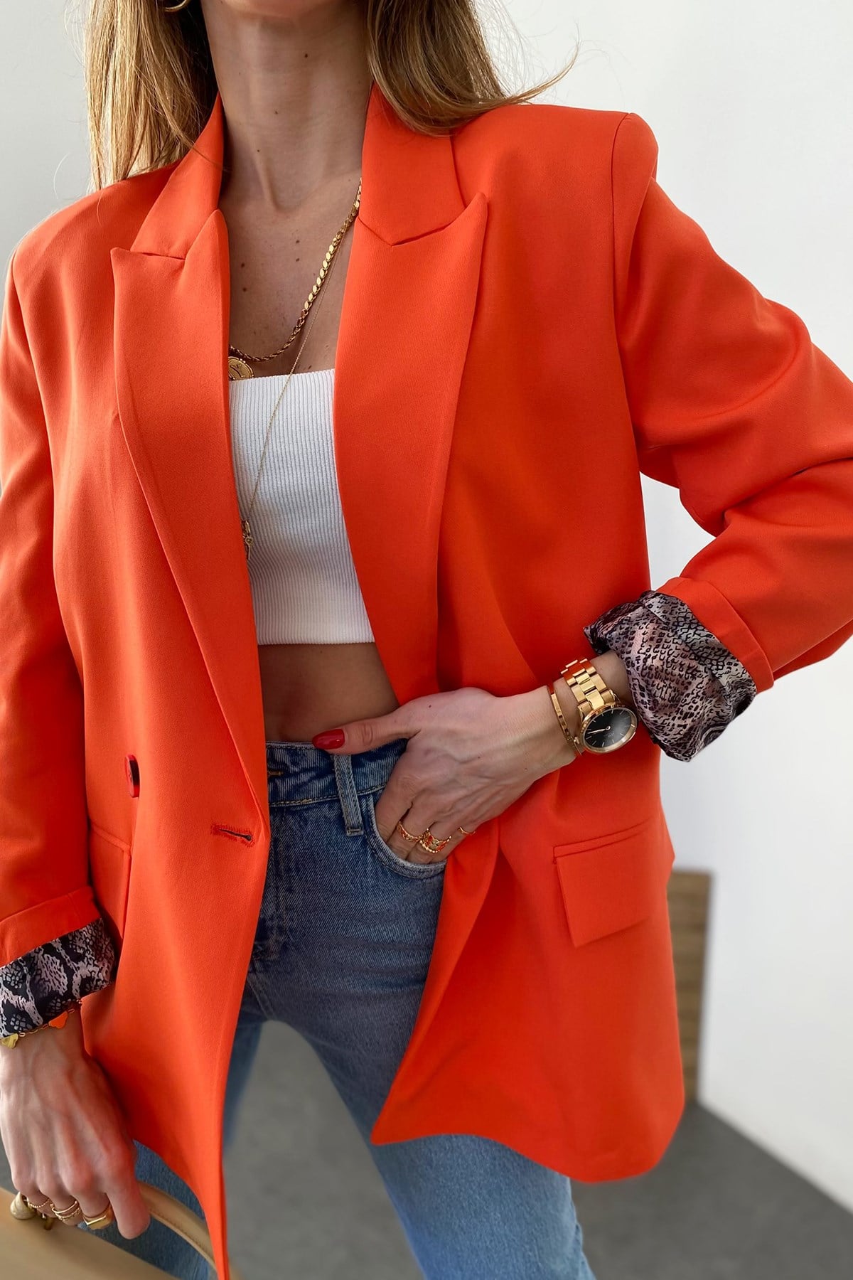 Nar Çiçeği İçi Yılan Desen Saten Astarlı Tasarım Blazer Ceket