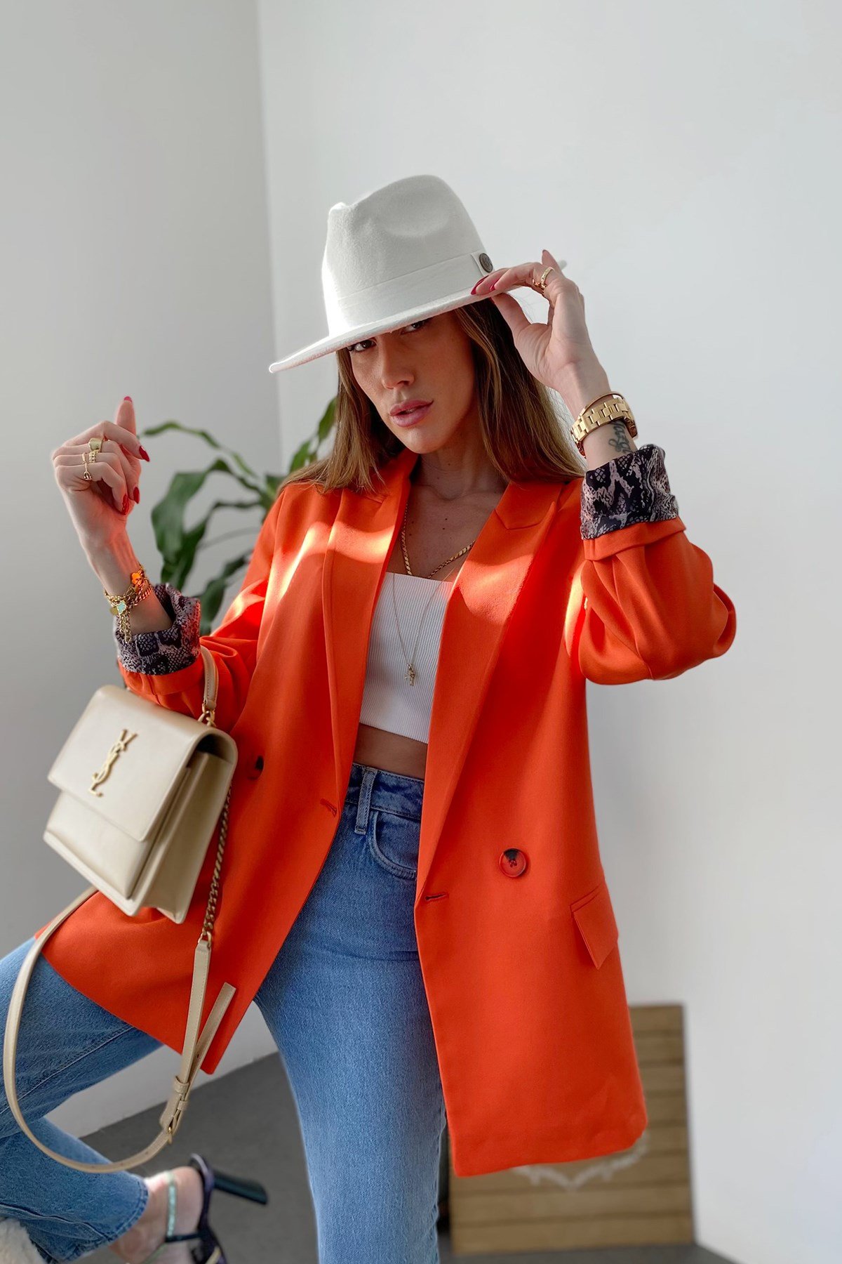 Nar Çiçeği İçi Yılan Desen Saten Astarlı Tasarım Blazer Ceket