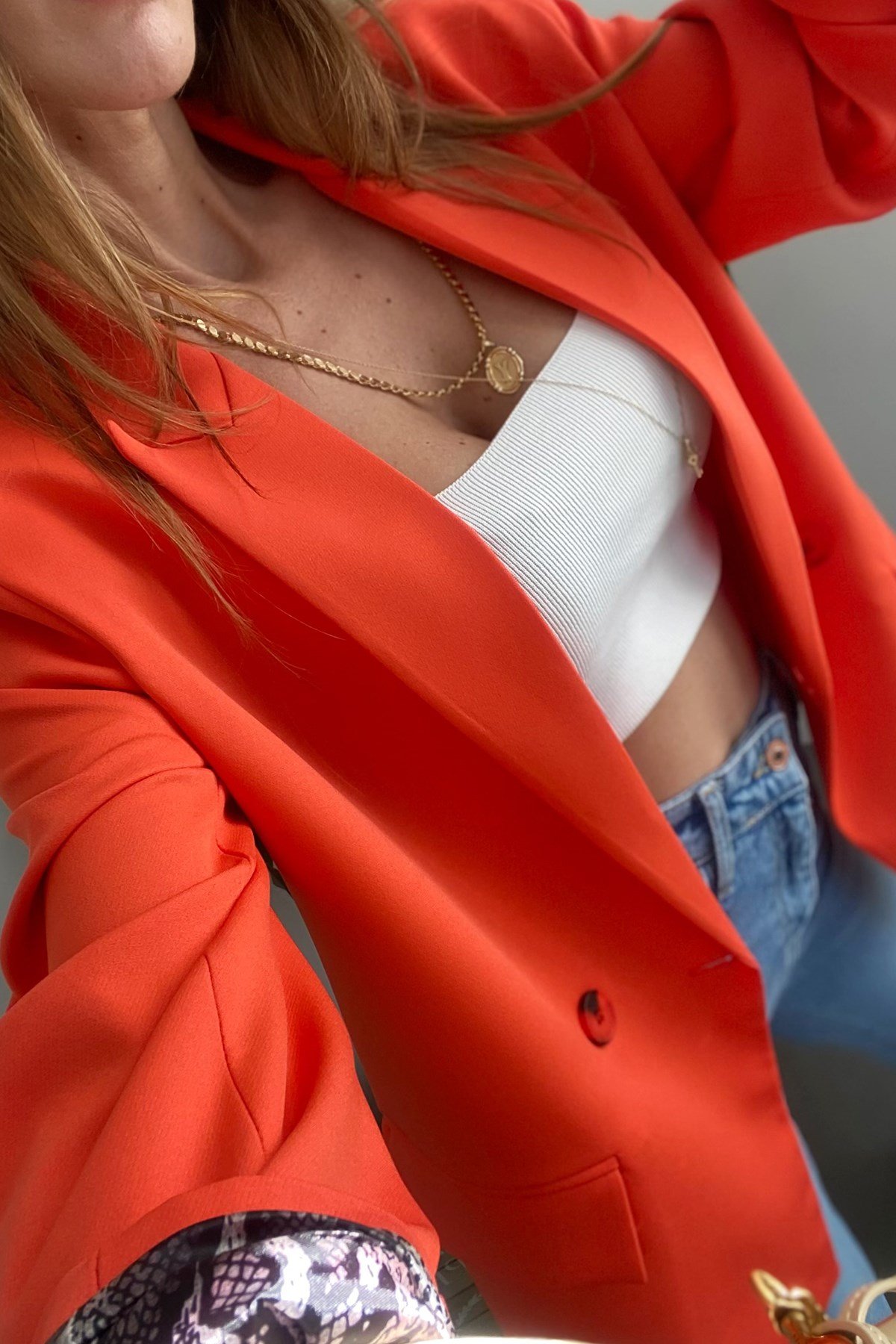 Nar Çiçeği İçi Yılan Desen Saten Astarlı Tasarım Blazer Ceket