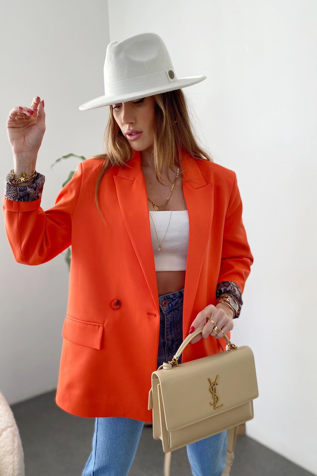 Nar Çiçeği İçi Yılan Desen Saten Astarlı Tasarım Blazer Ceket