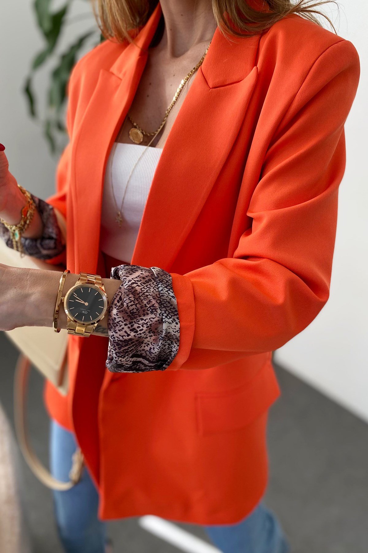 Nar Çiçeği İçi Yılan Desen Saten Astarlı Tasarım Blazer Ceket
