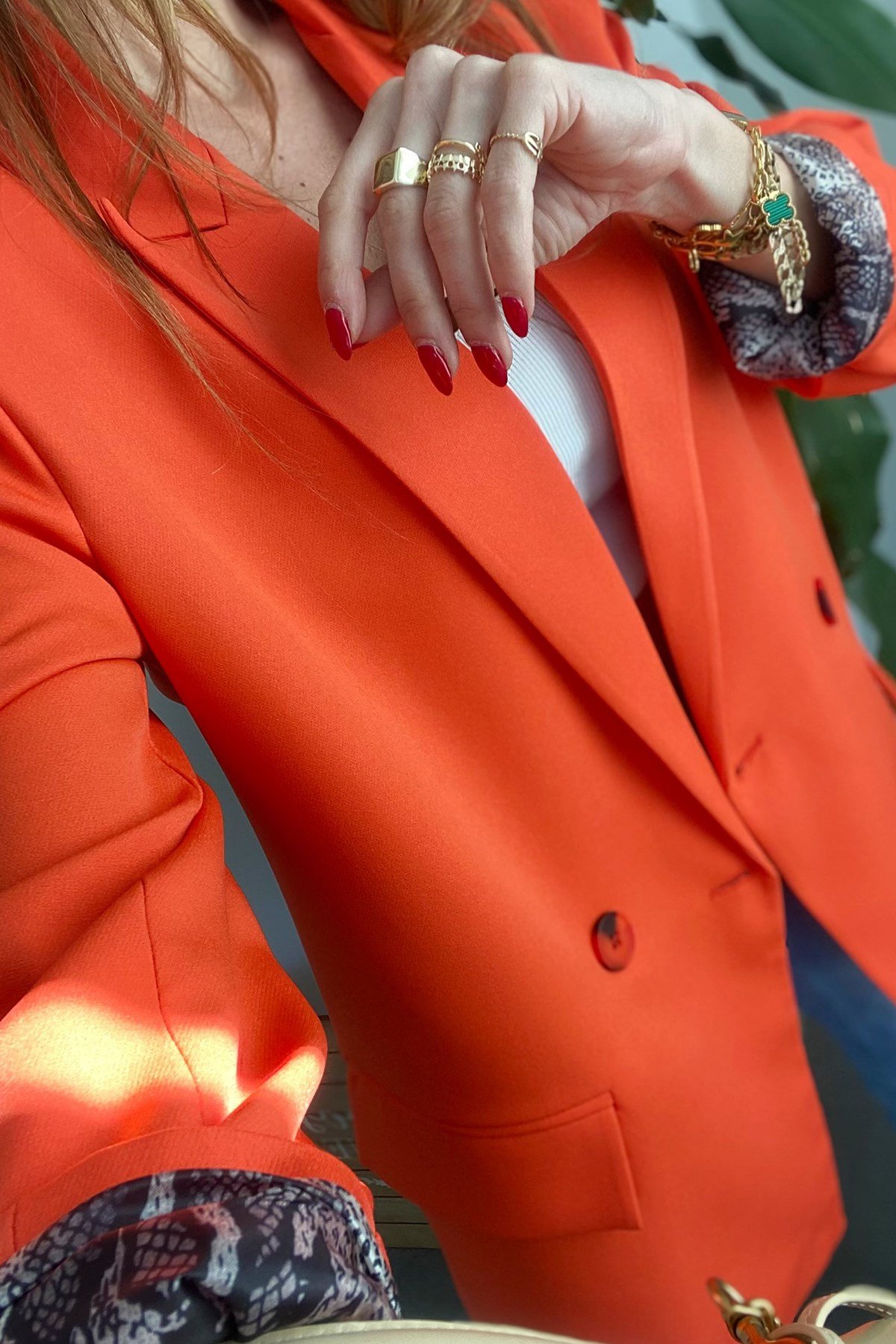 Nar Çiçeği İçi Yılan Desen Saten Astarlı Tasarım Blazer Ceket