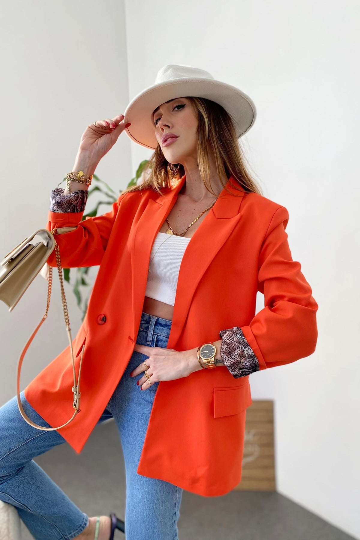 Nar Çiçeği İçi Yılan Desen Saten Astarlı Tasarım Blazer Ceket