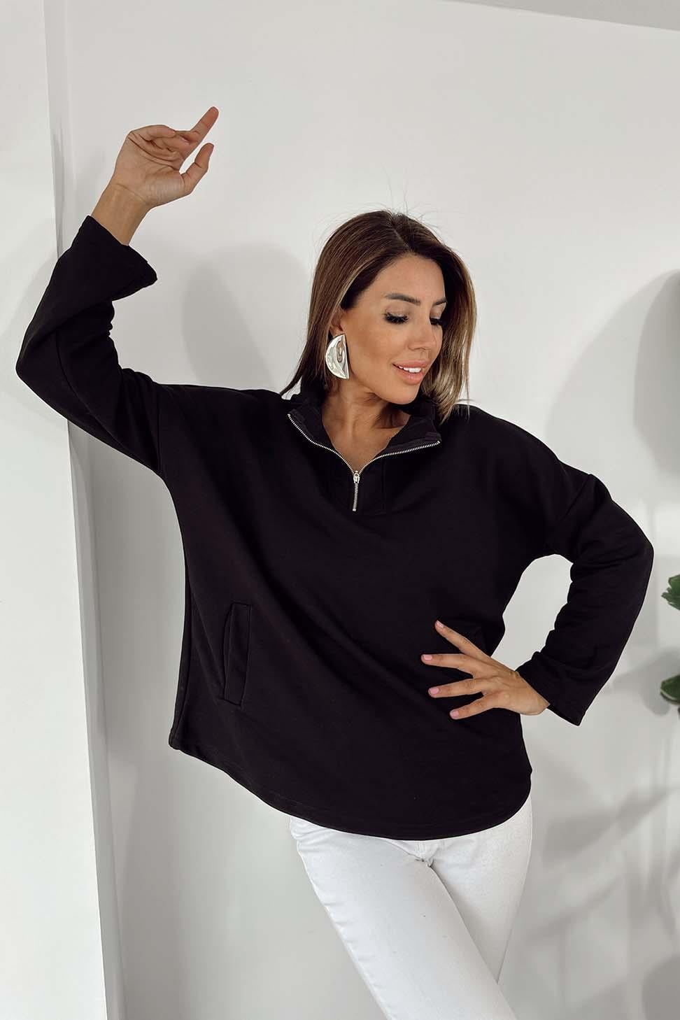 Natural Pamuklu Kumaş Kapüşonlu Fermuar Detay Sweatshirt Siyah