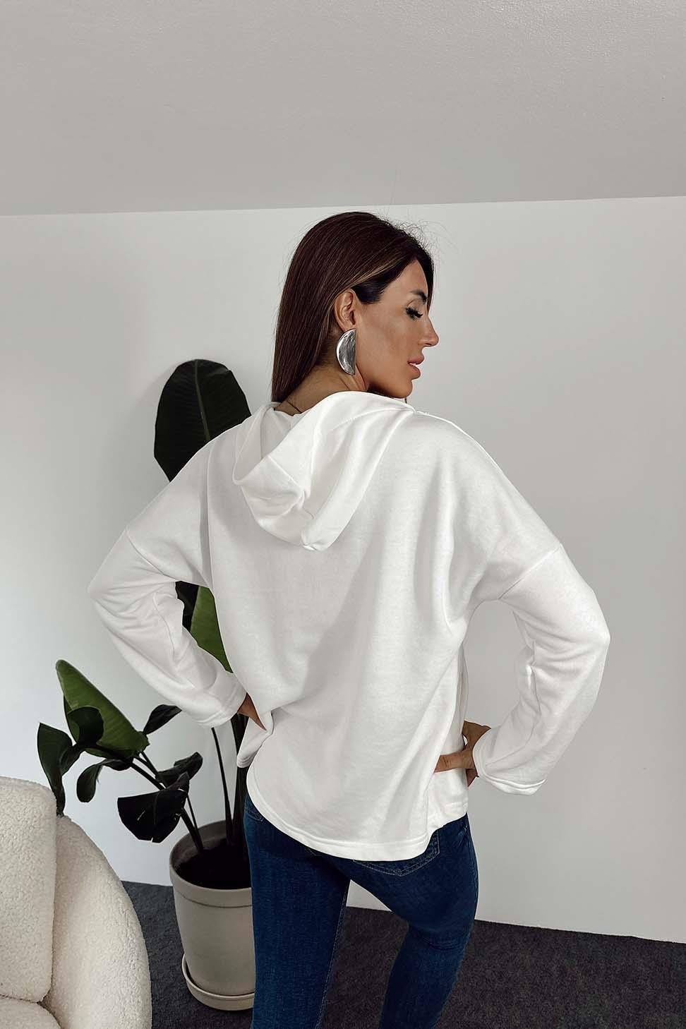 Natural Pamuklu Kumaş Kapüşonlu Fermuar Detay Sweatshirt Beyaz