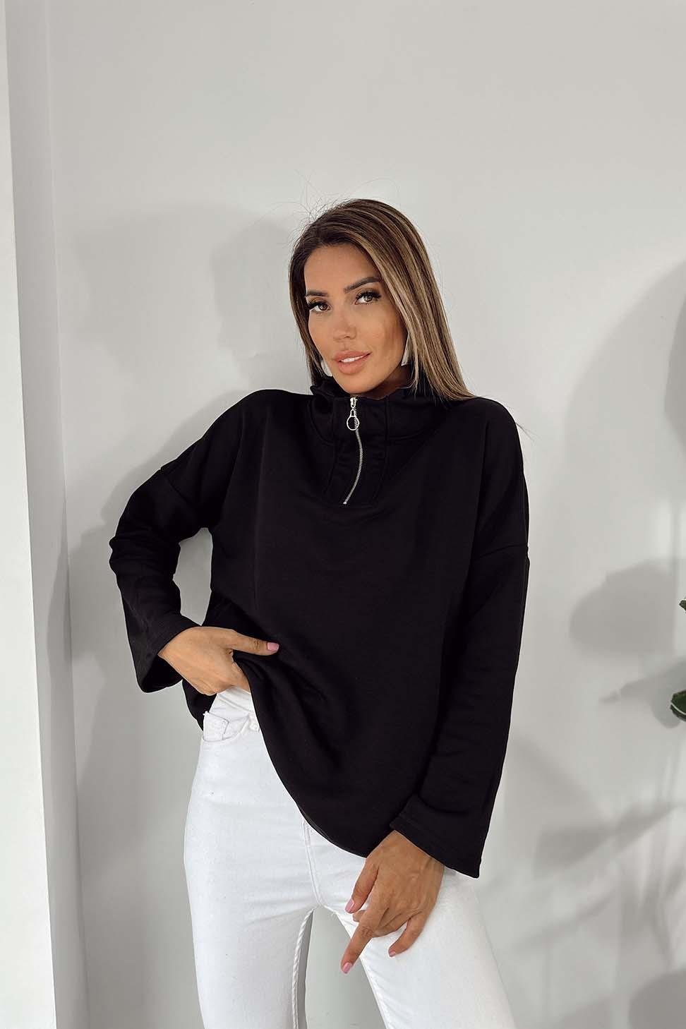 Natural Pamuklu Kumaş Kapüşonlu Fermuar Detay Sweatshirt Siyah