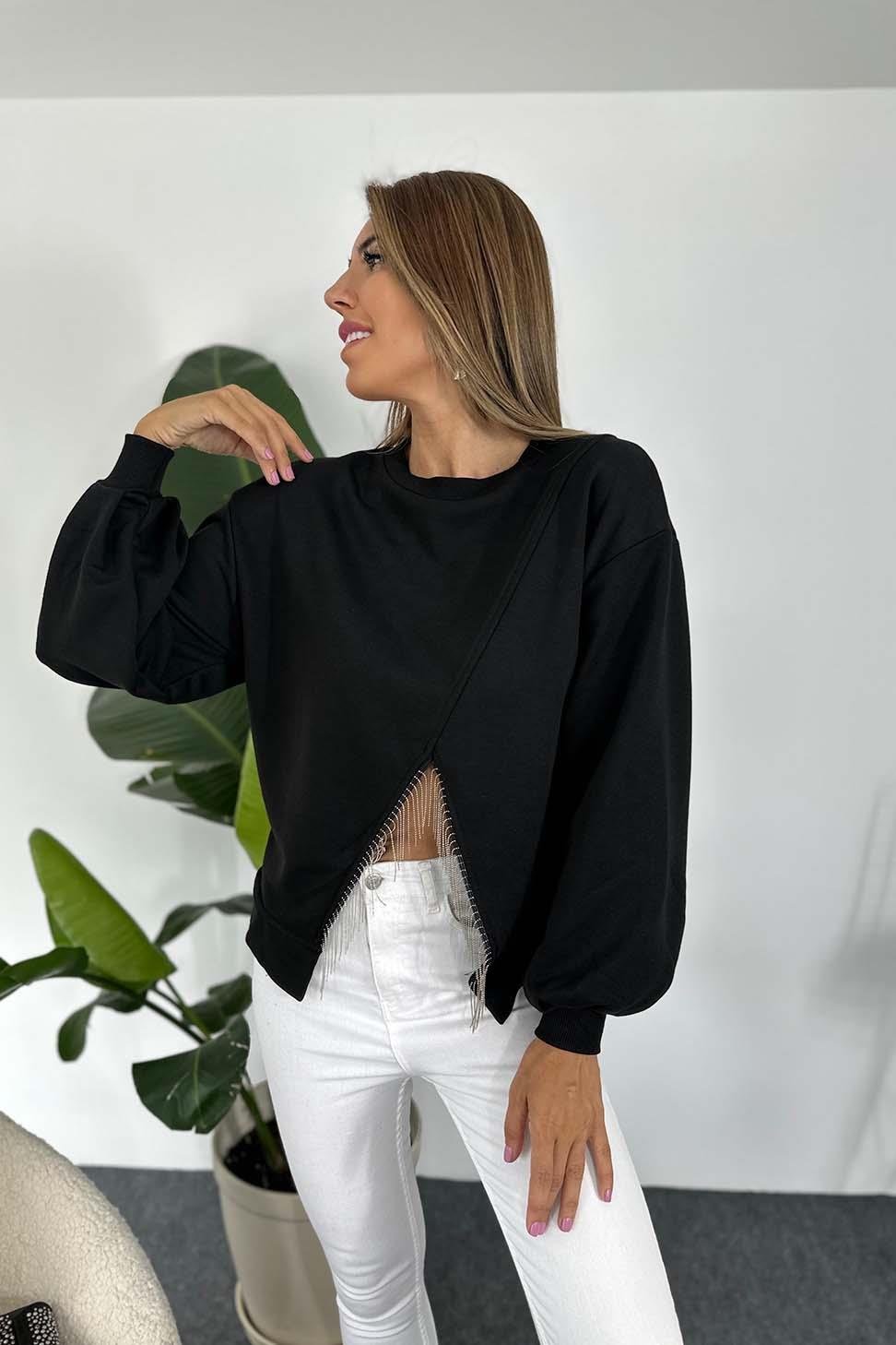 Naturek Pamuklu Kumaş V Taş Püsküllü Sweatshirt Siyah